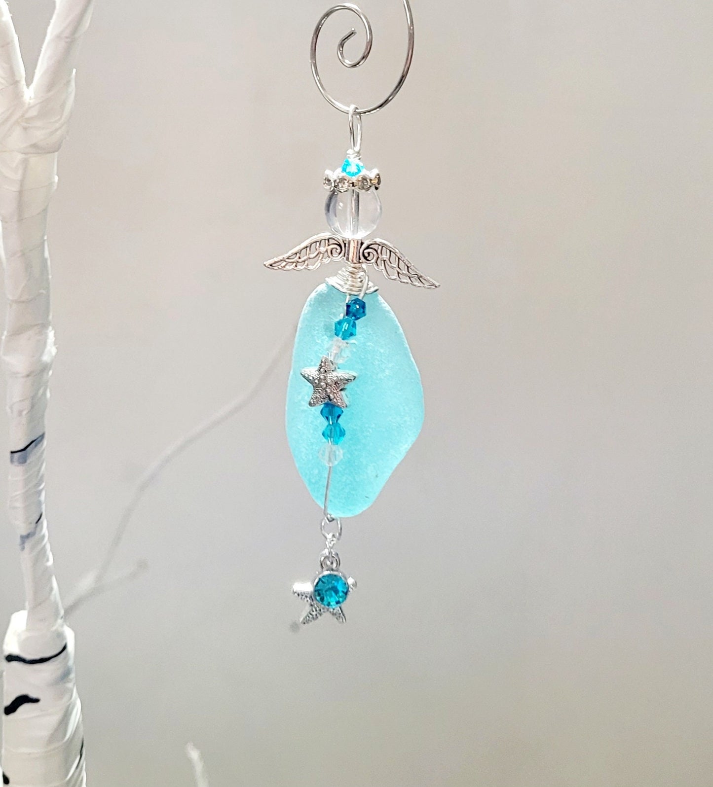 Sea Glass Guardian Angel/Genuine Sea Glass Angel/Aqua Blue Sea Glass/Angel Ornament/Christmas Ornament/ Suncatcher/car charm