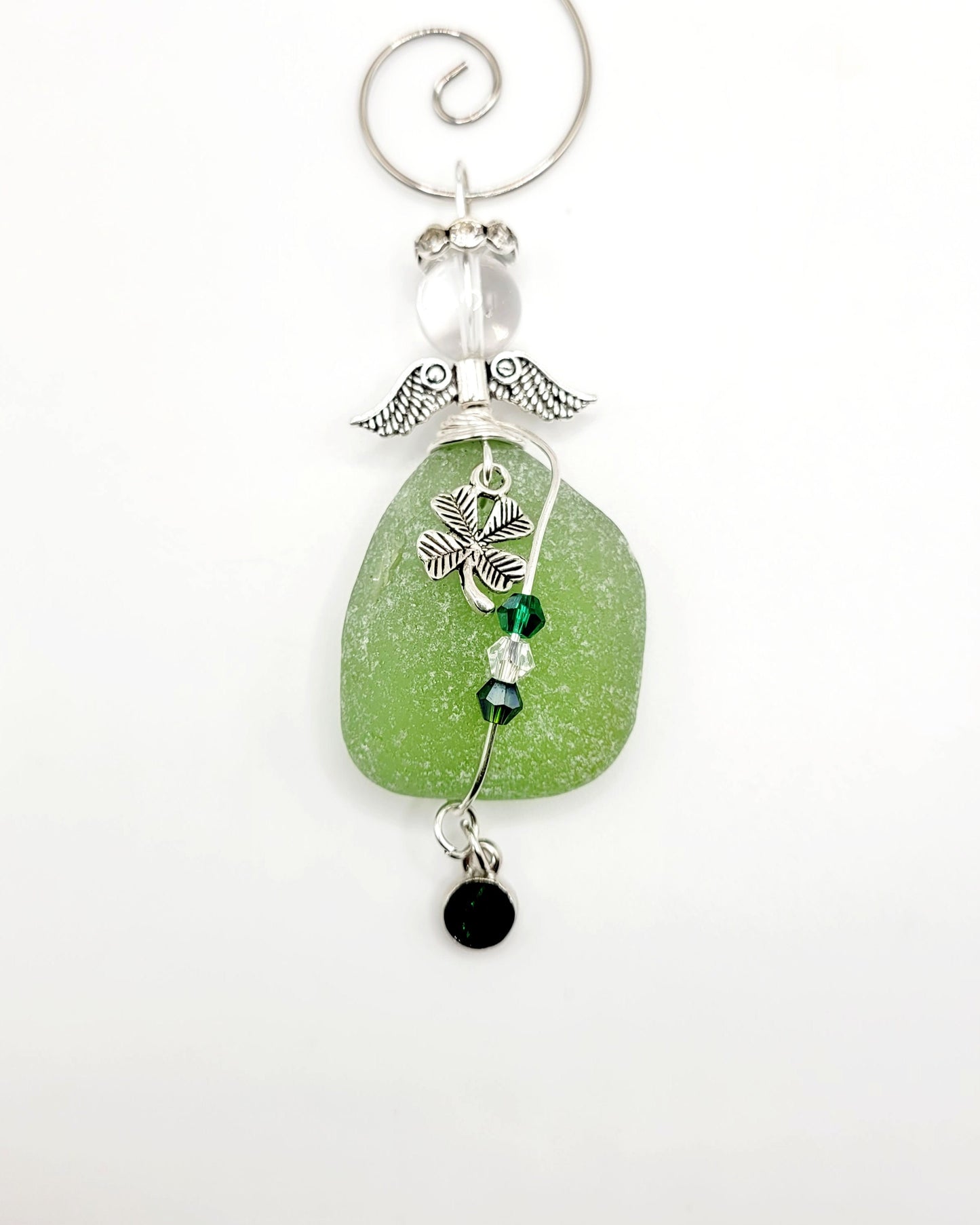 Genuine Sea Glass Angel with shamrock/Angel Car Charm/Angel Pendant/Angel Ornament/Angel Gift/St Patrick's Day/Gift for Her/91