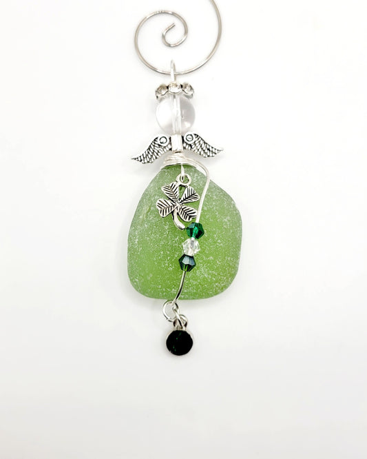 Genuine Sea Glass Angel with shamrock/Angel Car Charm/Angel Pendant/Angel Ornament/Angel Gift/St Patrick's Day/Gift for Her/91