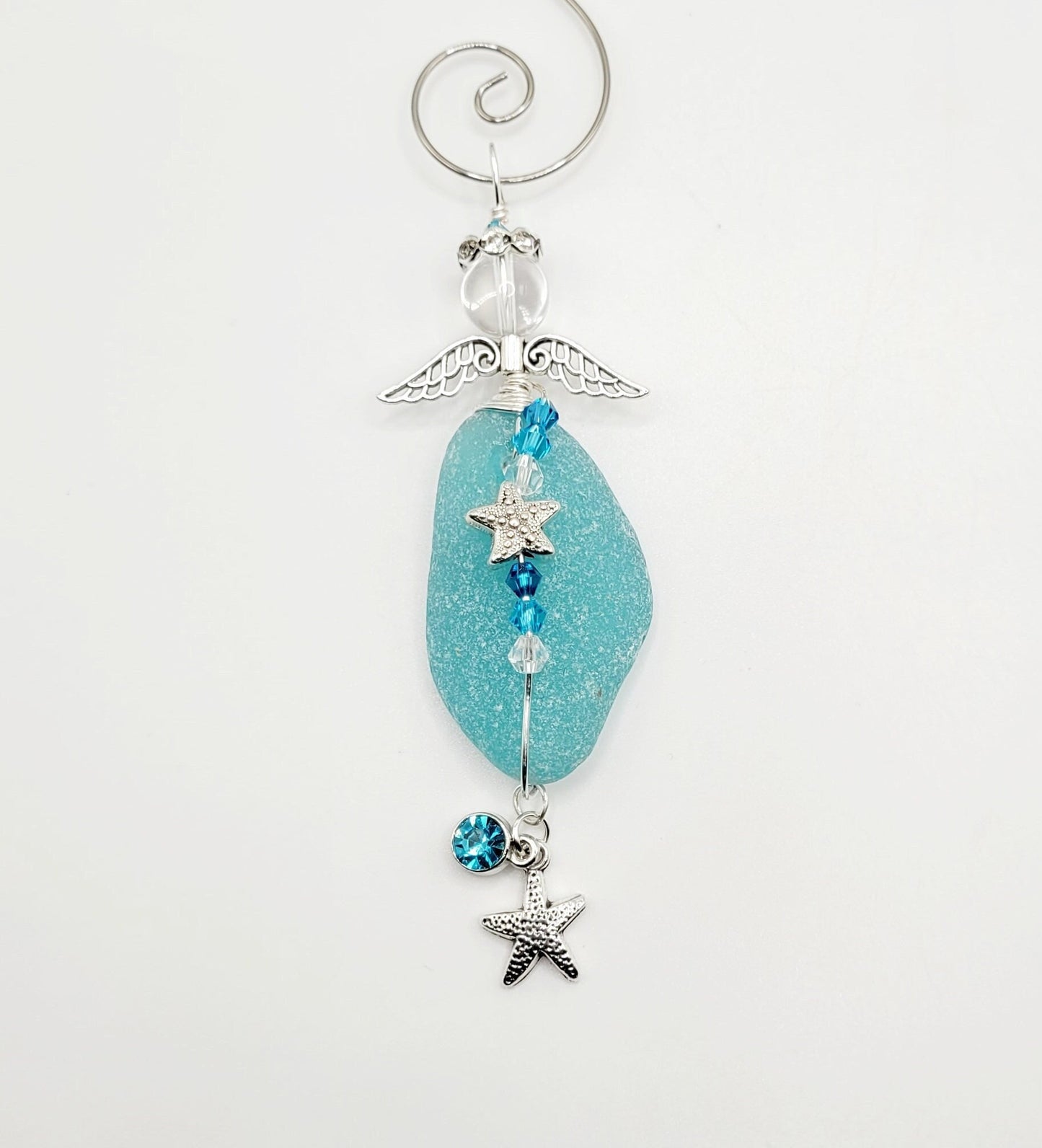 Sea Glass Guardian Angel/Genuine Sea Glass Angel/Aqua Blue Sea Glass/Angel Ornament/Christmas Ornament/ Suncatcher/car charm