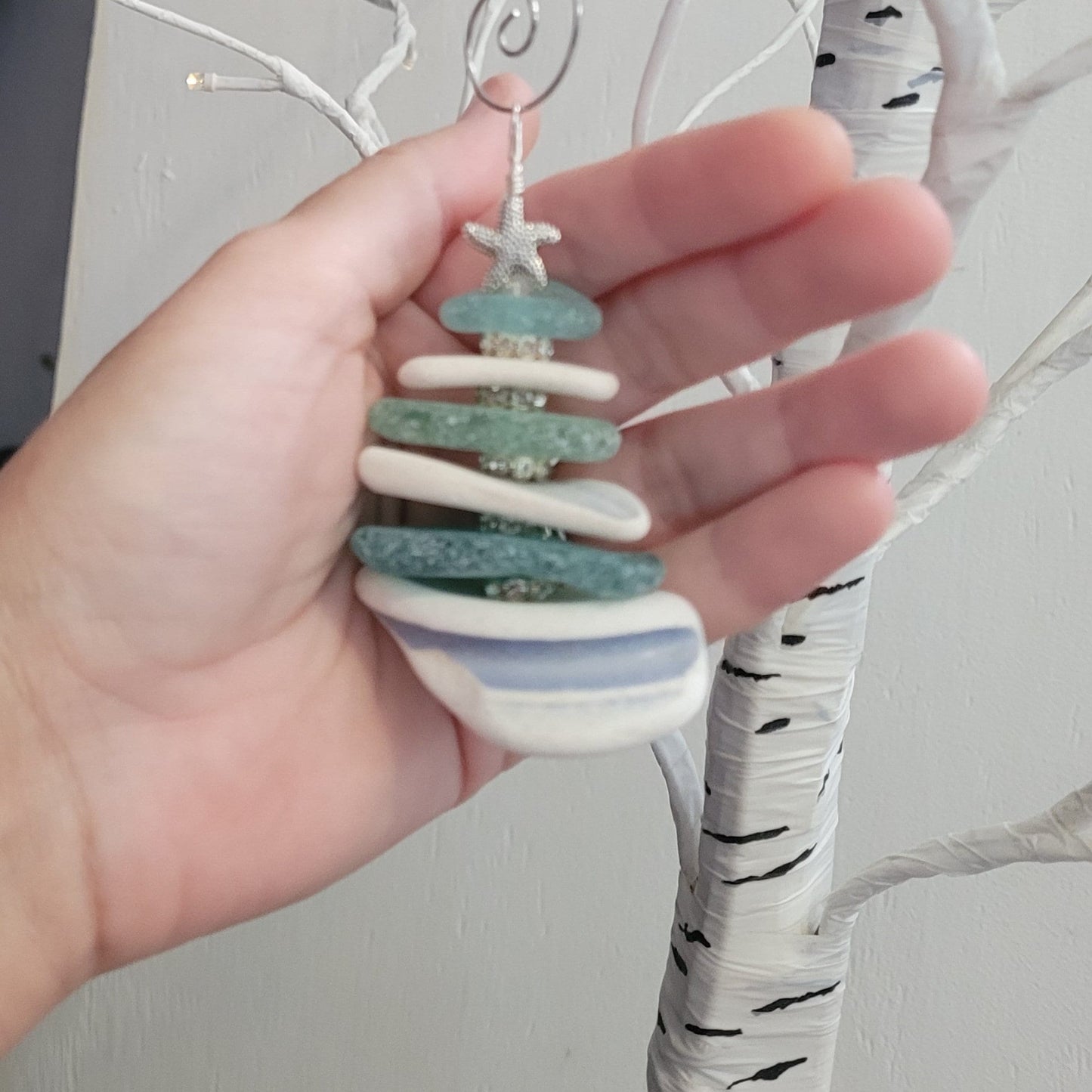 Sea Glass Christmas Tree Ornament/Sea Glass Pine Tree Ornament/Sea Pottery/Genuine Sea Glass Tree Ornament/231