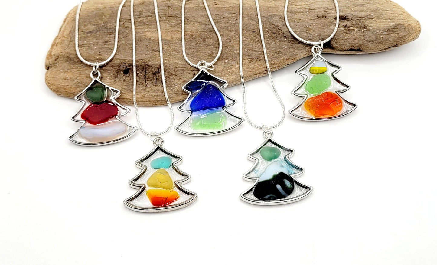 Genuine Sea Glass Christmas Tree Pendant/Sea Glass Necklace/Christmas Jewelry/Holiday Jewelry/Resin Jewelry