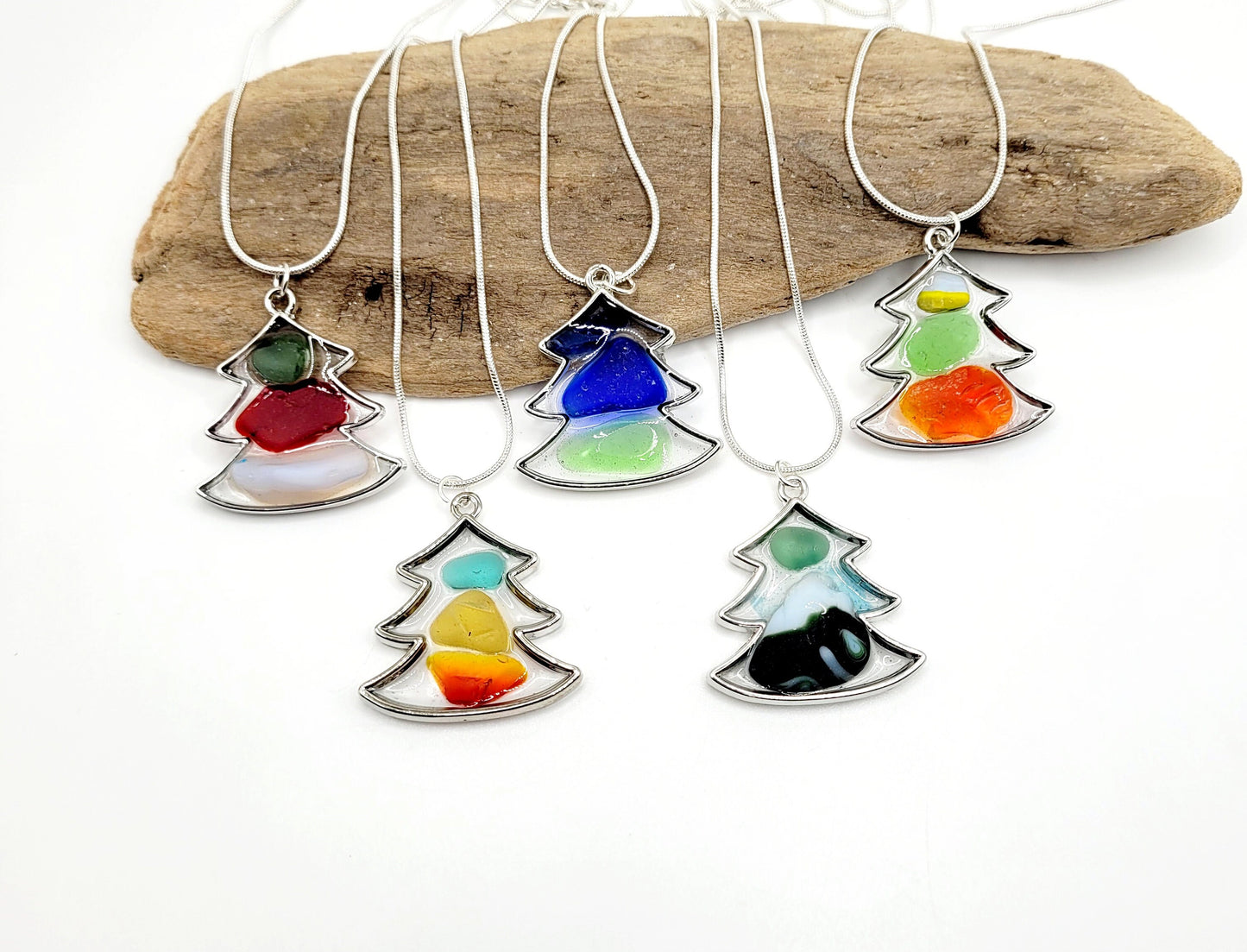 Genuine Sea Glass Christmas Tree Pendant/Sea Glass Necklace/Christmas Jewelry/Holiday Jewelry/Resin Jewelry