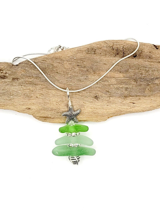 Genuine Sea Glass/Sea Glass Jewelry/Sea Glass Christmas Tree/Christmas Tree Pendant and Earrings/Holiday Jewelry/Christmas Necklace/178