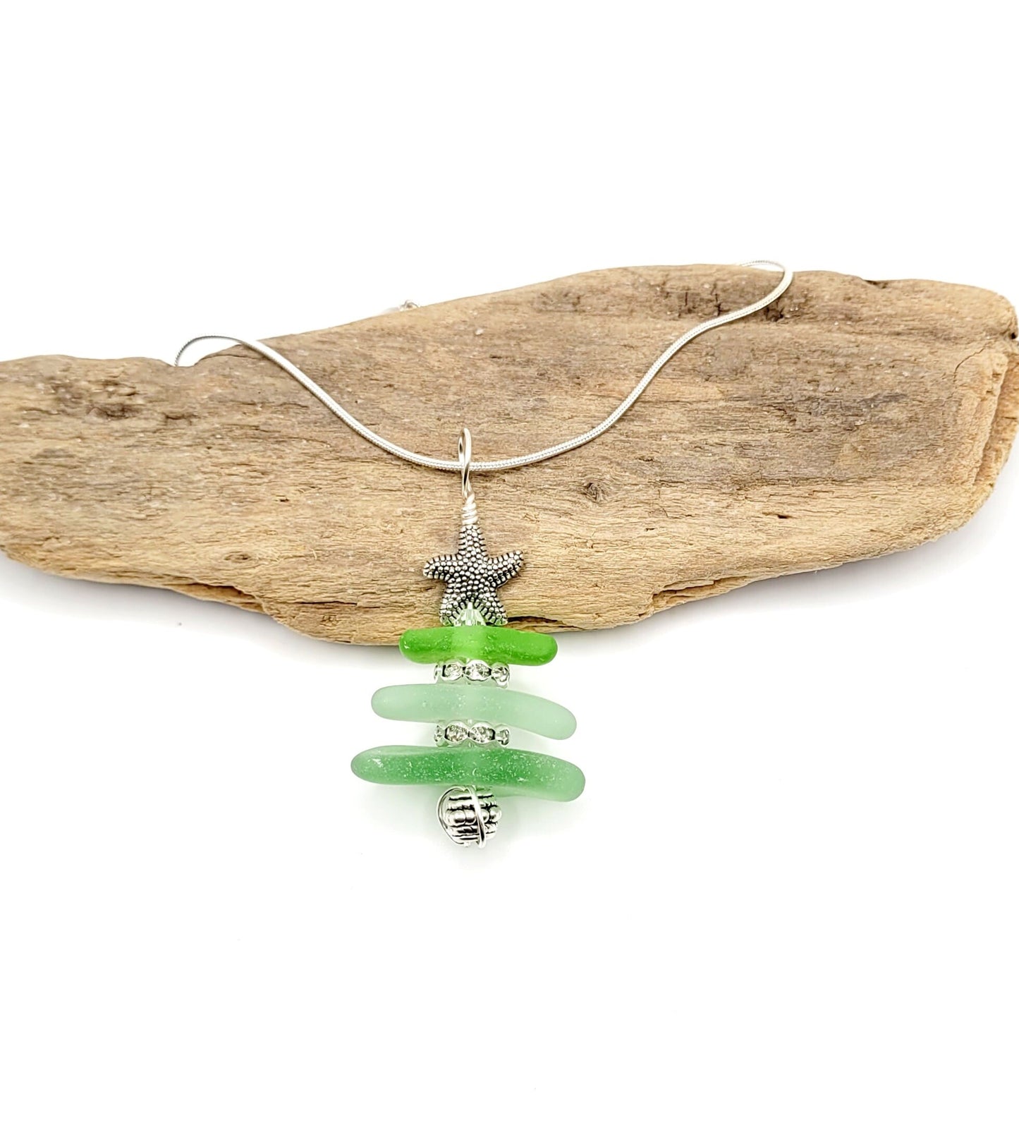 Genuine Sea Glass/Sea Glass Jewelry/Sea Glass Christmas Tree/Christmas Tree Pendant and Earrings/Holiday Jewelry/Christmas Necklace/178