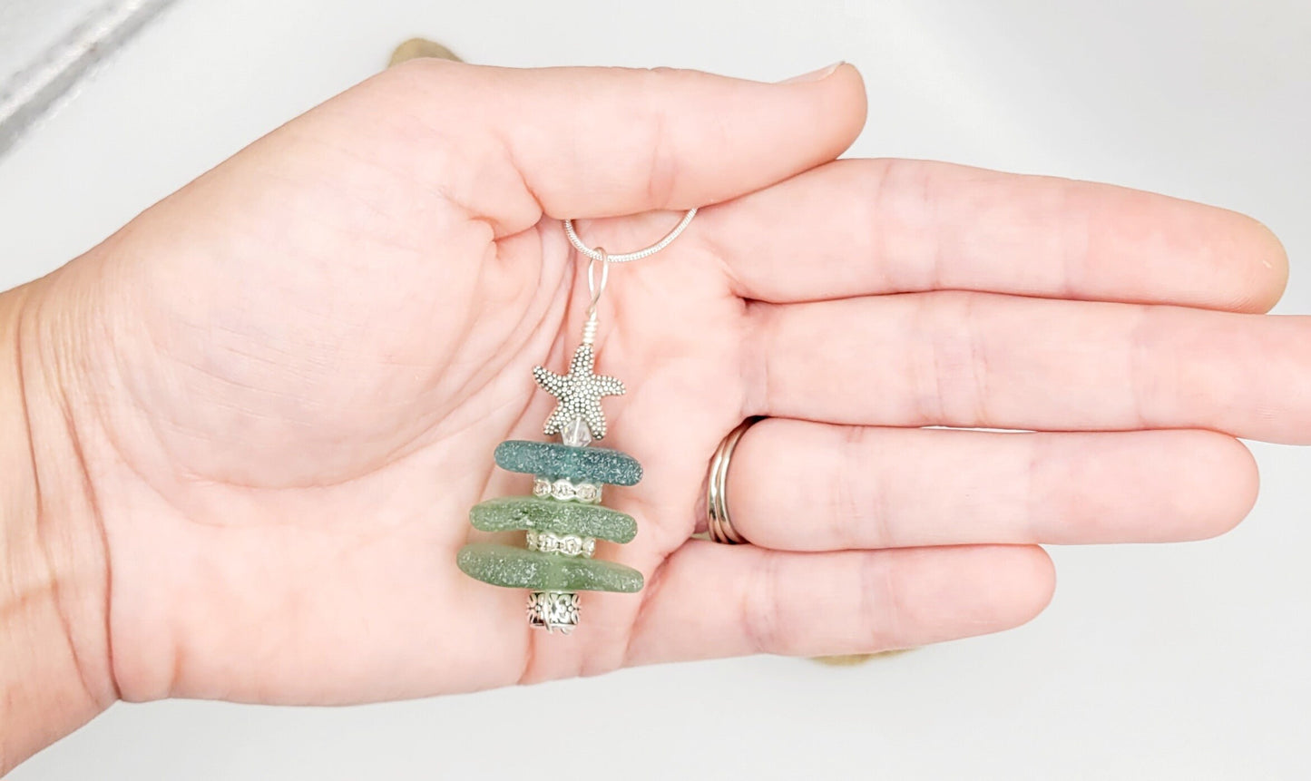 Genuine Sea Glass/Sea Glass Jewelry/Sea Glass Christmas Tree/Christmas Tree Pendant and Earrings/Holiday Jewelry/Christmas Necklace/175