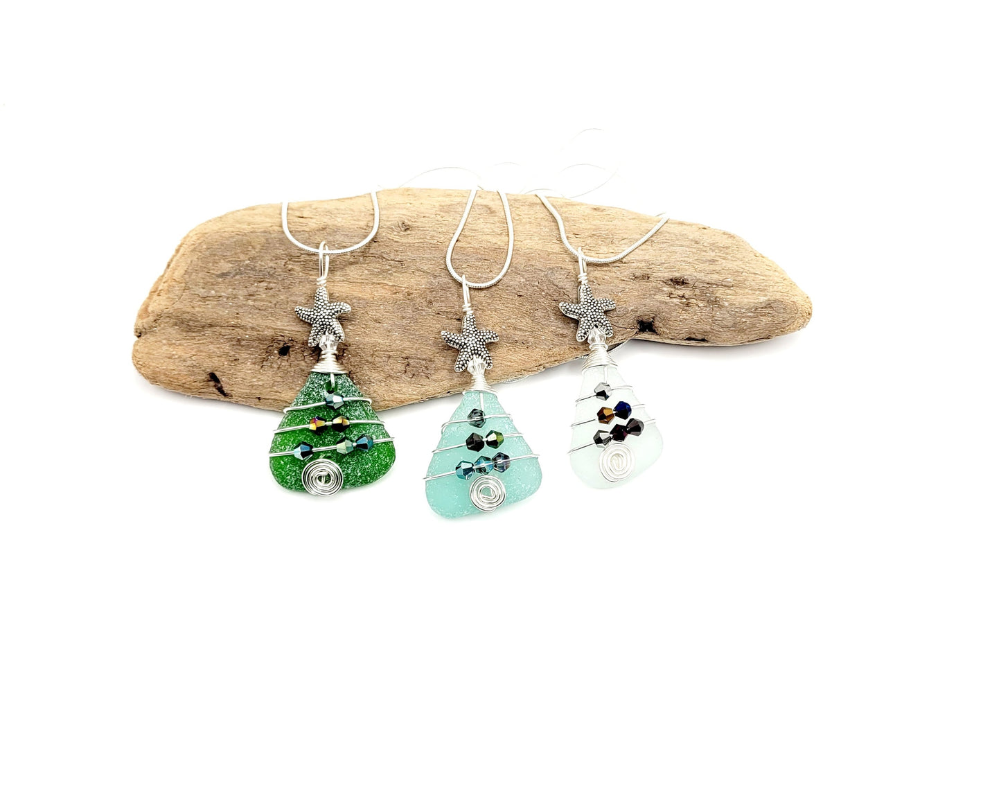 Genuine Sea Glass Christmas Tree Pendant/Coastal Ornament/Crystals/Christmas in July