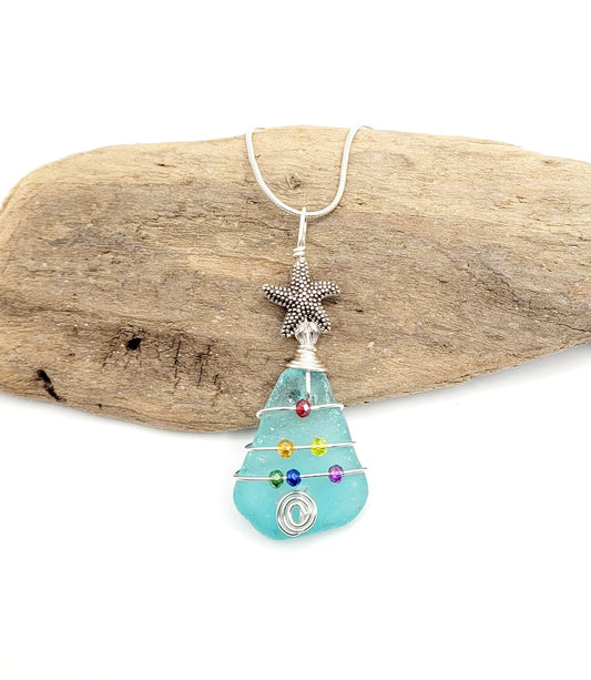 Genuine Sea Glass Christmas Tree Pendant/Sea Glass Christmas Tree Ornament/Coastal Ornament/Beach Decor/34d