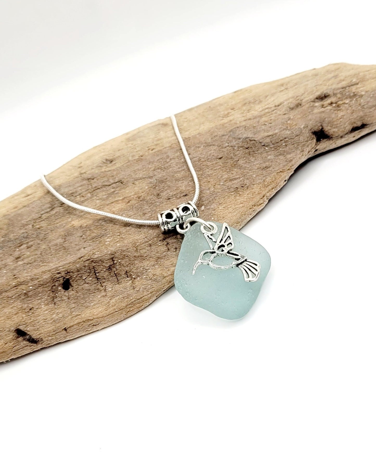 Genuine Sea Glass/Sea Glass Necklace/Hummingbird Charm/Sea Glass Pendant/ Sea Glass/Coastal Jewelry/Nautical Pendant/Sea Glass Jewelry/97