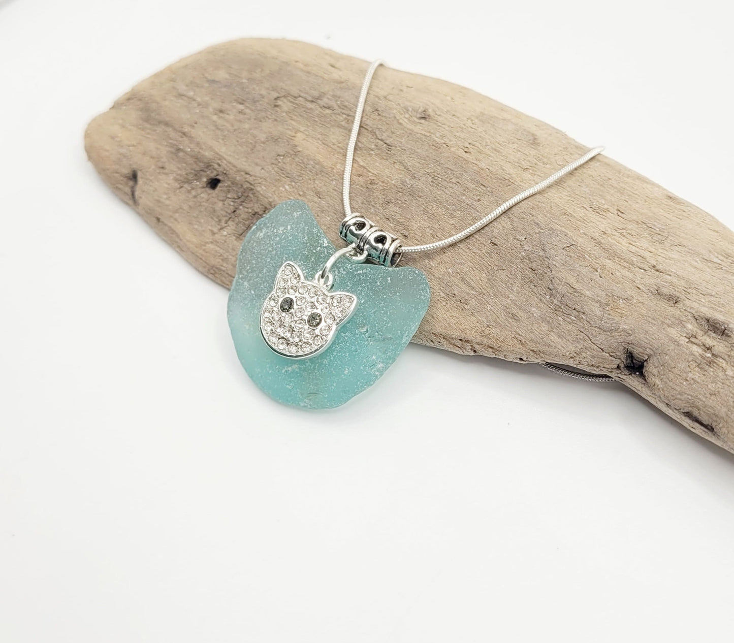 Genuine Sea Glass/Sea Glass Necklace/cat Charm/Sea Glass Pendant/Light Blue Glass/Coastal Jewelry/Nautical Pendant/Sea Glass Jewelry/101