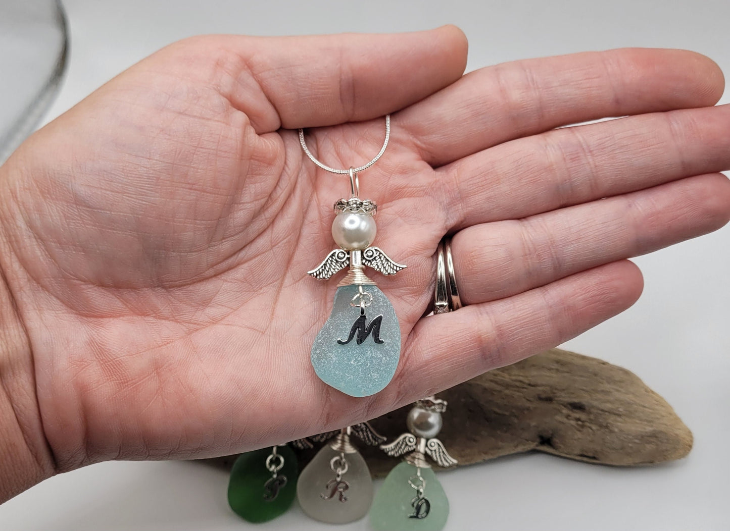 Genuine Sea Glass Angel Necklace with letter/personalized Angel/Angel Car Charm/Angel Pendant/Guardian Angel/Angel Gift/Gift for Friend