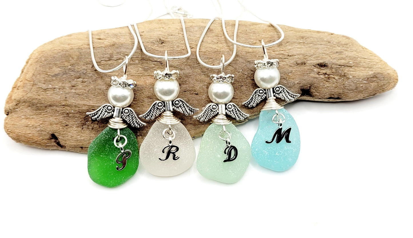 Genuine Sea Glass Angel Necklace with letter/personalized Angel/Angel Car Charm/Angel Pendant/Guardian Angel/Angel Gift/Gift for Friend