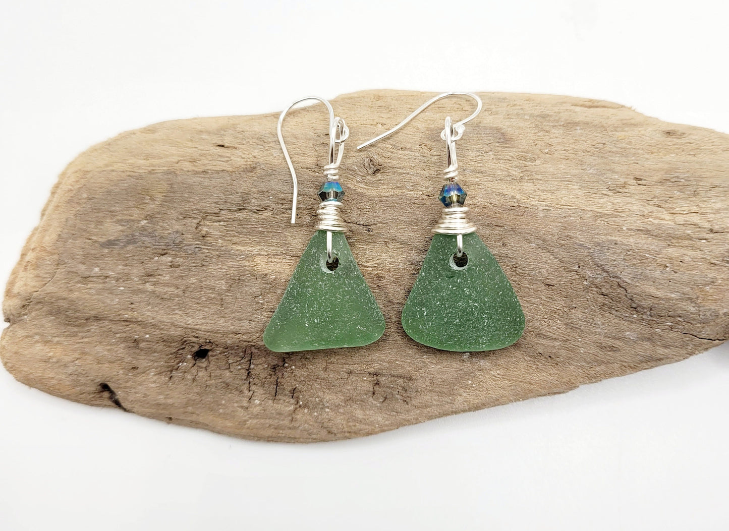 Genuine Sea Glass/Green Sea Glass Earrings Crystals/Sea Glass and Sterling Silver Earrings/Gift for Her