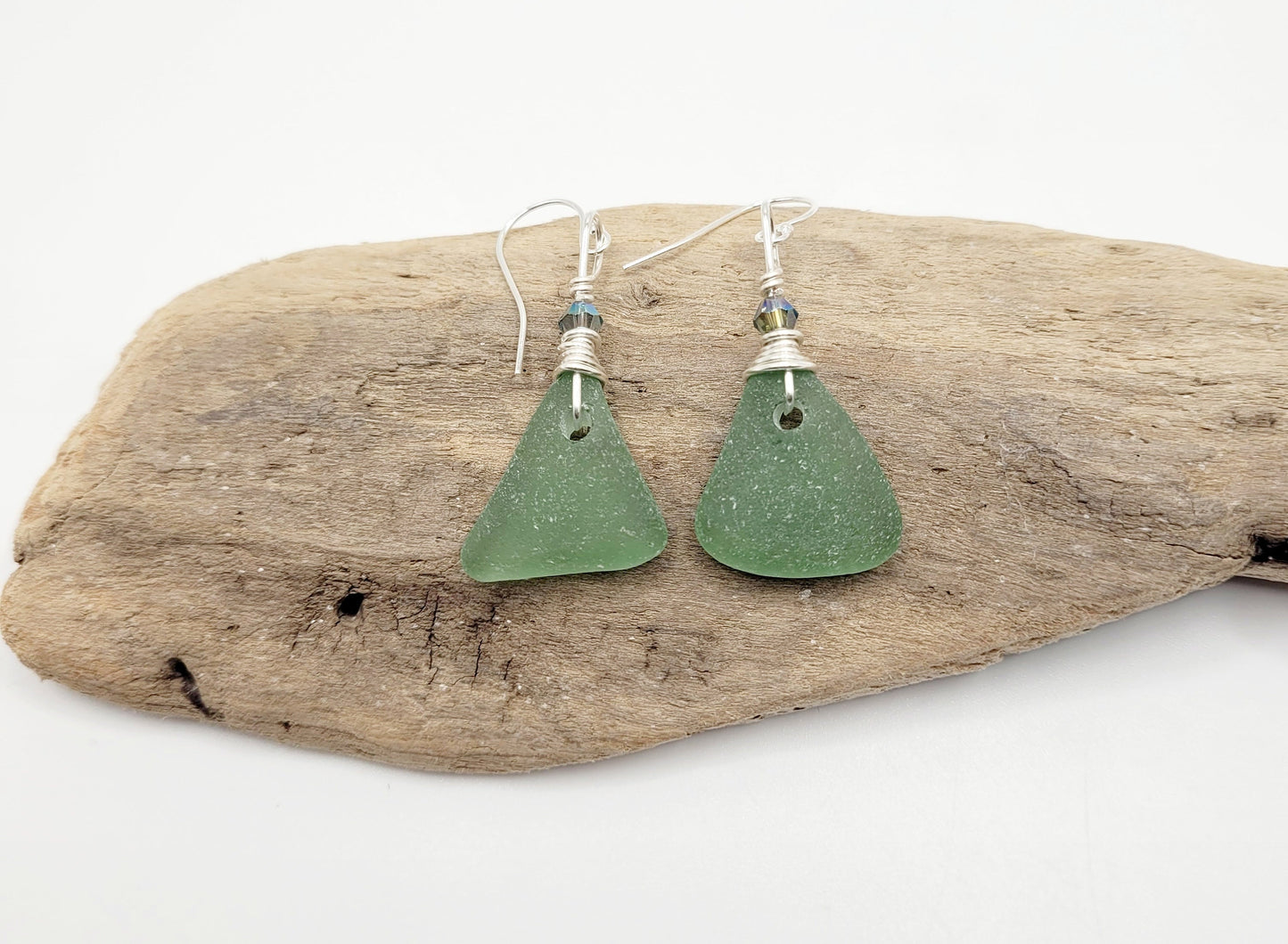 Genuine Sea Glass/Green Sea Glass Earrings Crystals/Sea Glass and Sterling Silver Earrings/Gift for Her