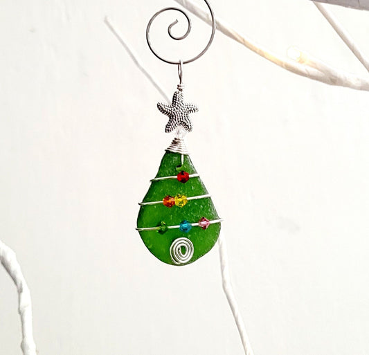 Genuine Sea Glass Christmas Tree Pendant/Sea Glass Christmas Tree Ornament/Coastal Ornament/Beach Decor/7d