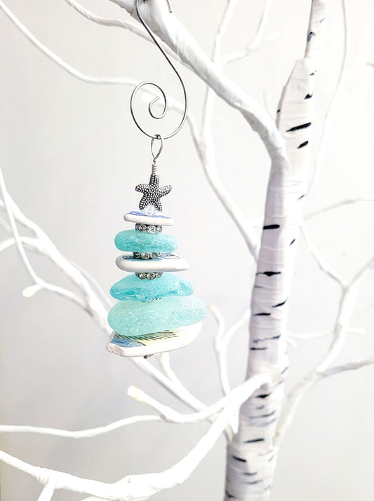 Sea Glass Christmas Tree Ornament/Sea Glass Pine Tree Ornament/Sea Pottery/Genuine Sea Glass Tree Ornament/255