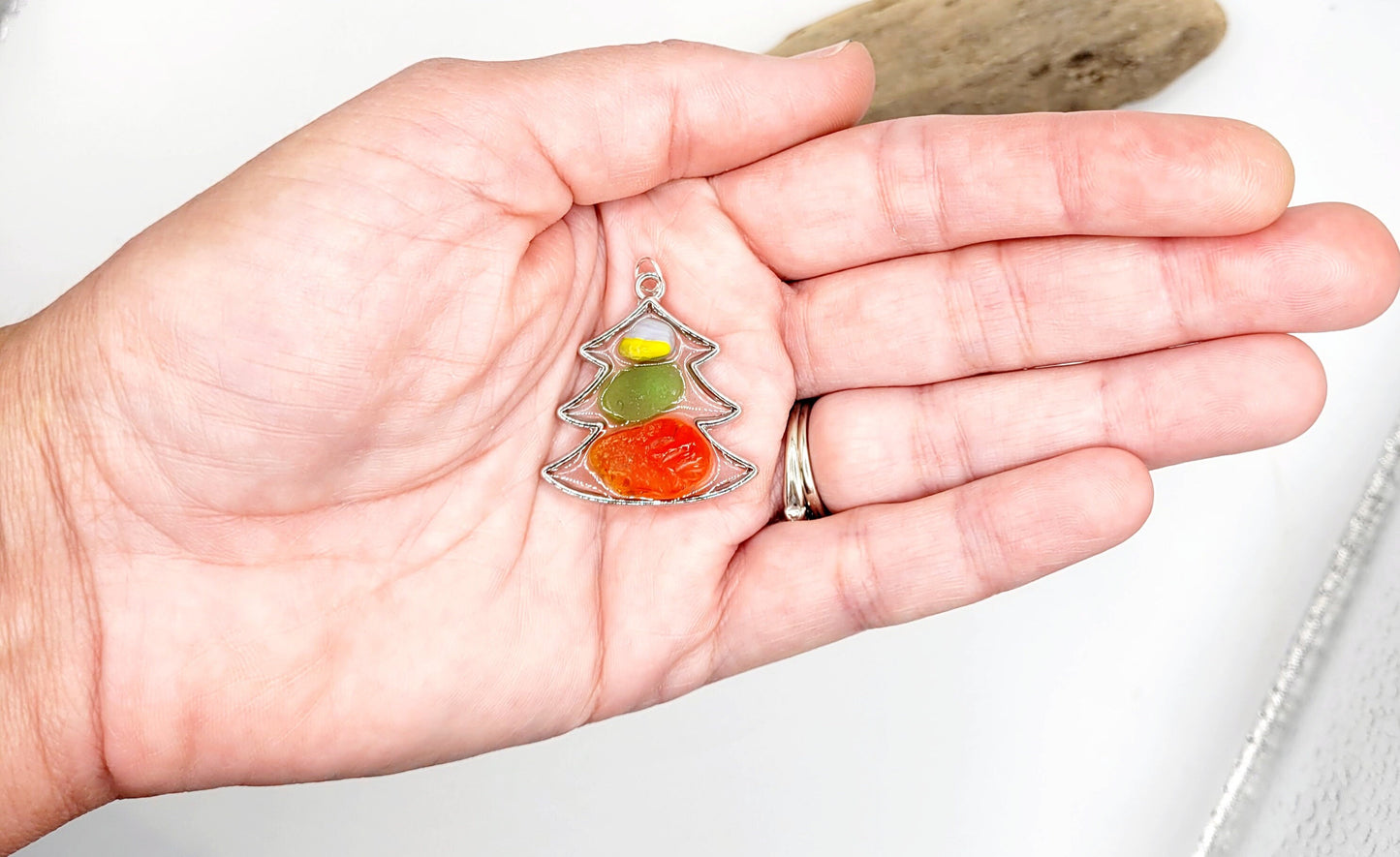 Genuine Sea Glass Christmas Tree Pendant/Sea Glass Necklace/Christmas Jewelry/Holiday Jewelry/Resin Jewelry