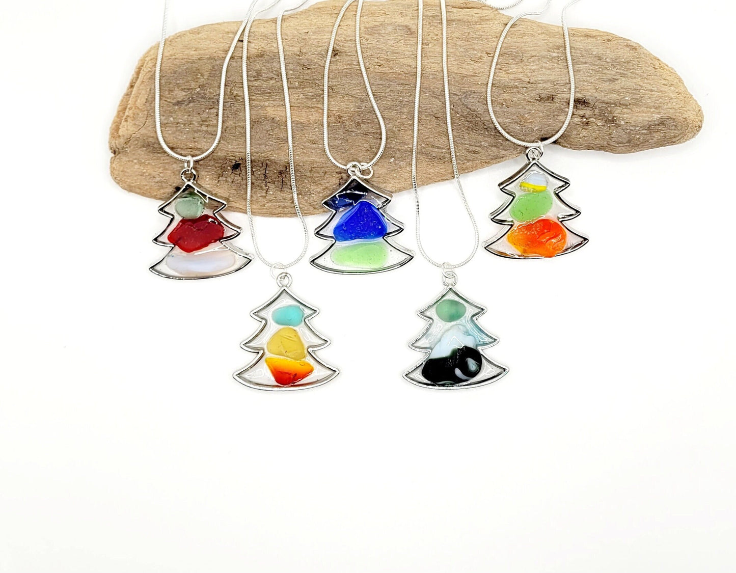 Genuine Sea Glass Christmas Tree Pendant/Sea Glass Necklace/Christmas Jewelry/Holiday Jewelry/Resin Jewelry