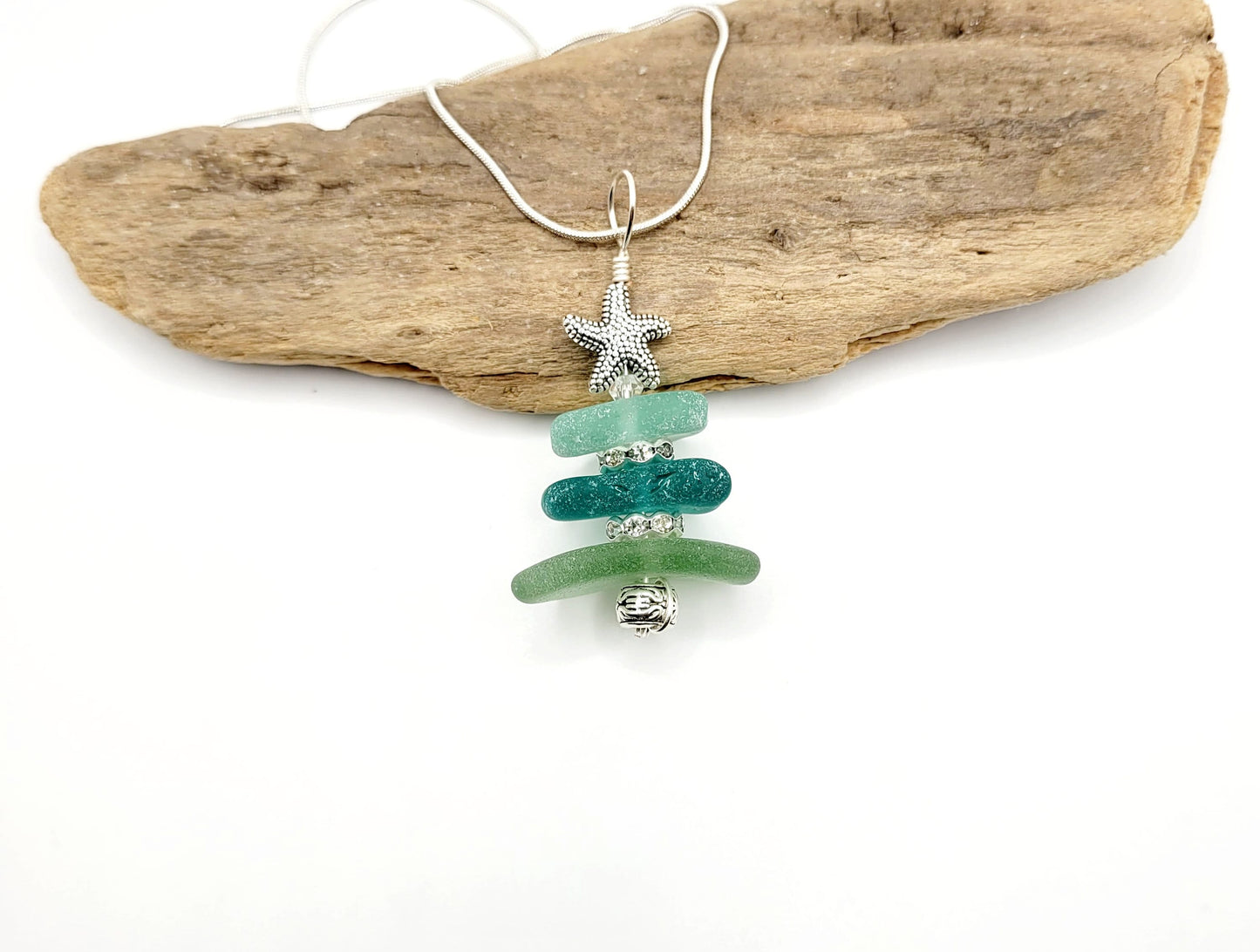 Genuine Sea Glass/Sea Glass Jewelry/Sea Glass Christmas Tree/Christmas Tree Pendant and Earrings/Holiday Jewelry/Christmas Necklace/176