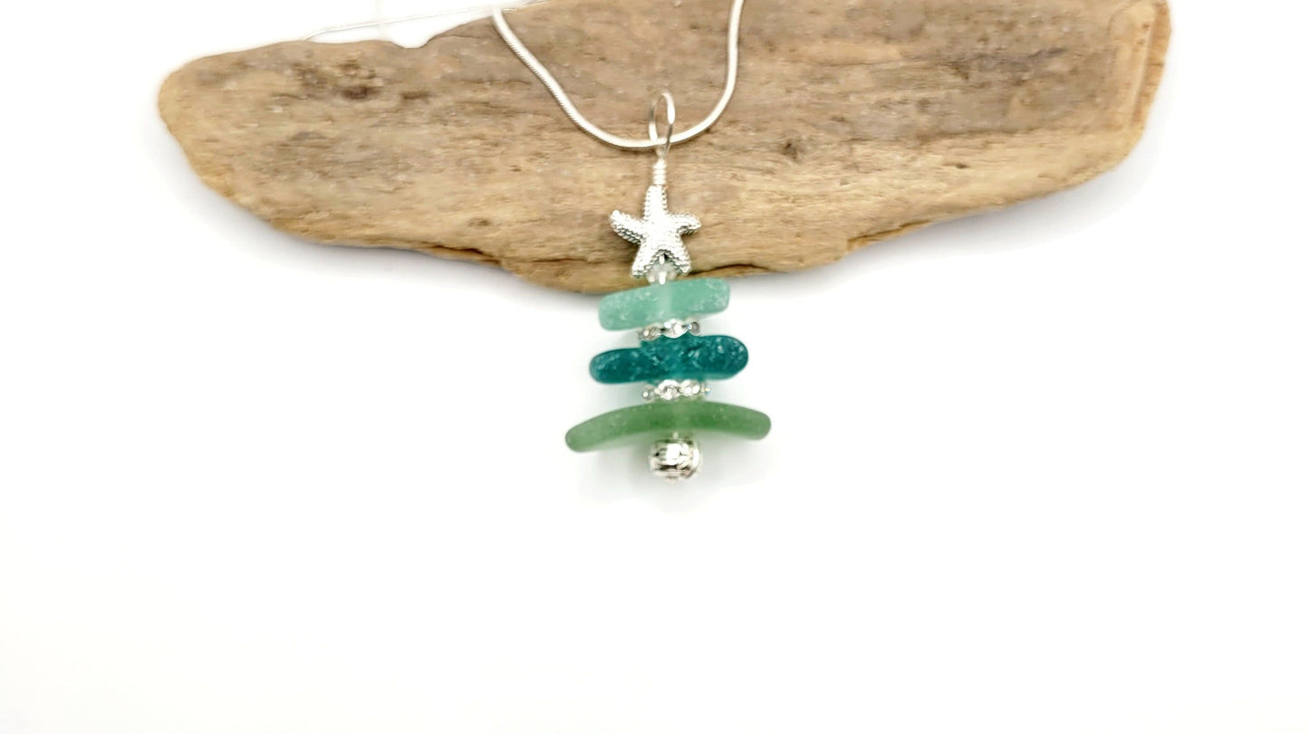 Genuine Sea Glass/Sea Glass Jewelry/Sea Glass Christmas Tree/Christmas Tree Pendant and Earrings/Holiday Jewelry/Christmas Necklace/176