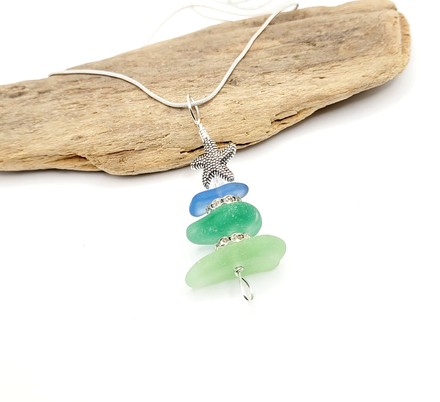 Genuine Sea Glass/Sea Glass Jewelry/Sea Glass Christmas Tree/Christmas Tree Pendant and Earrings/Holiday Jewelry/Christmas Necklace/174