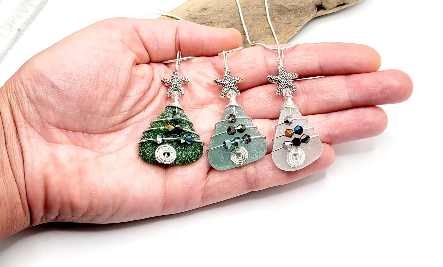 Genuine Sea Glass Christmas Tree Pendant/Coastal Ornament/Crystals/Christmas in July