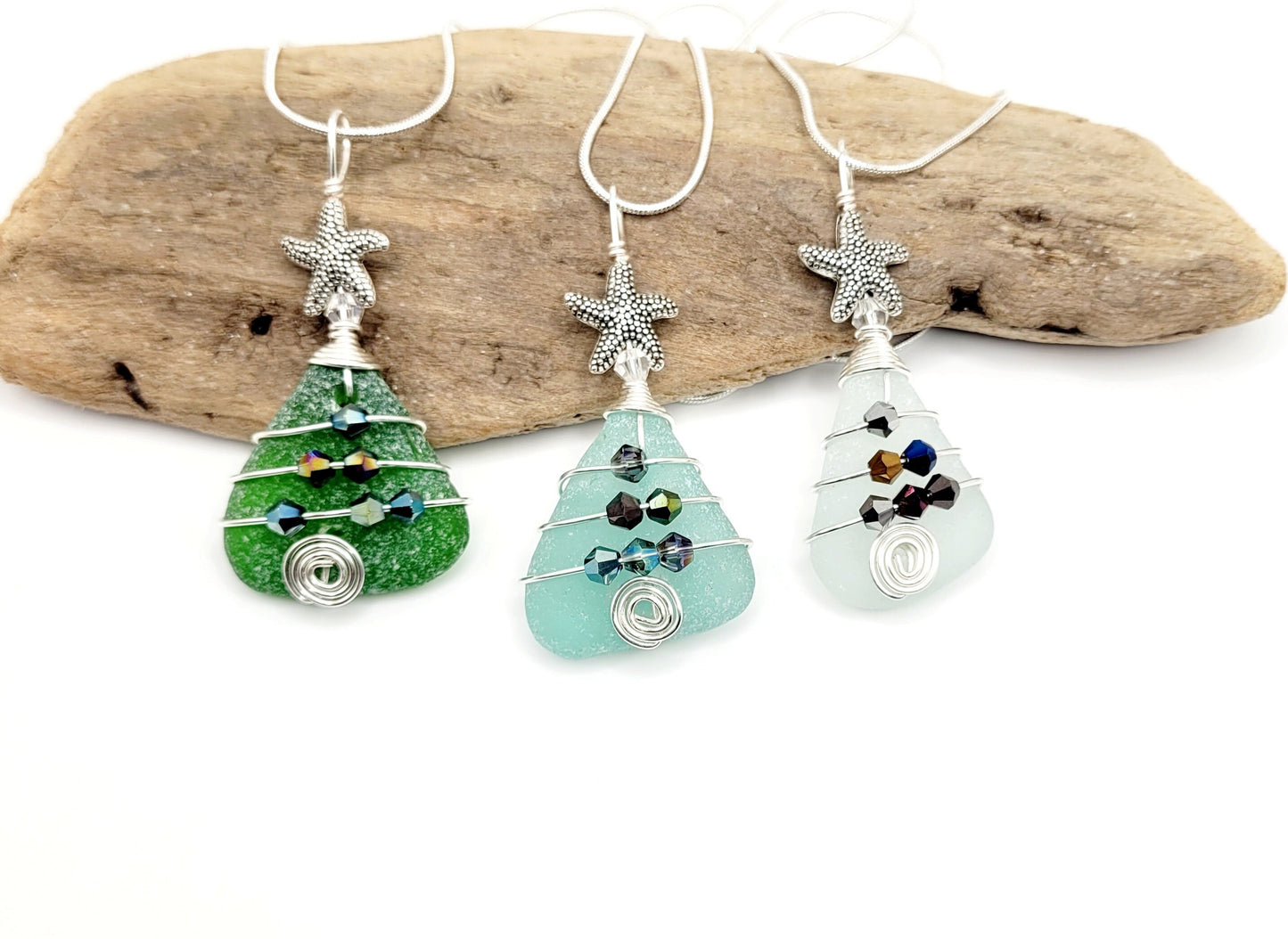 Genuine Sea Glass Christmas Tree Pendant/Coastal Ornament/Crystals/Christmas in July