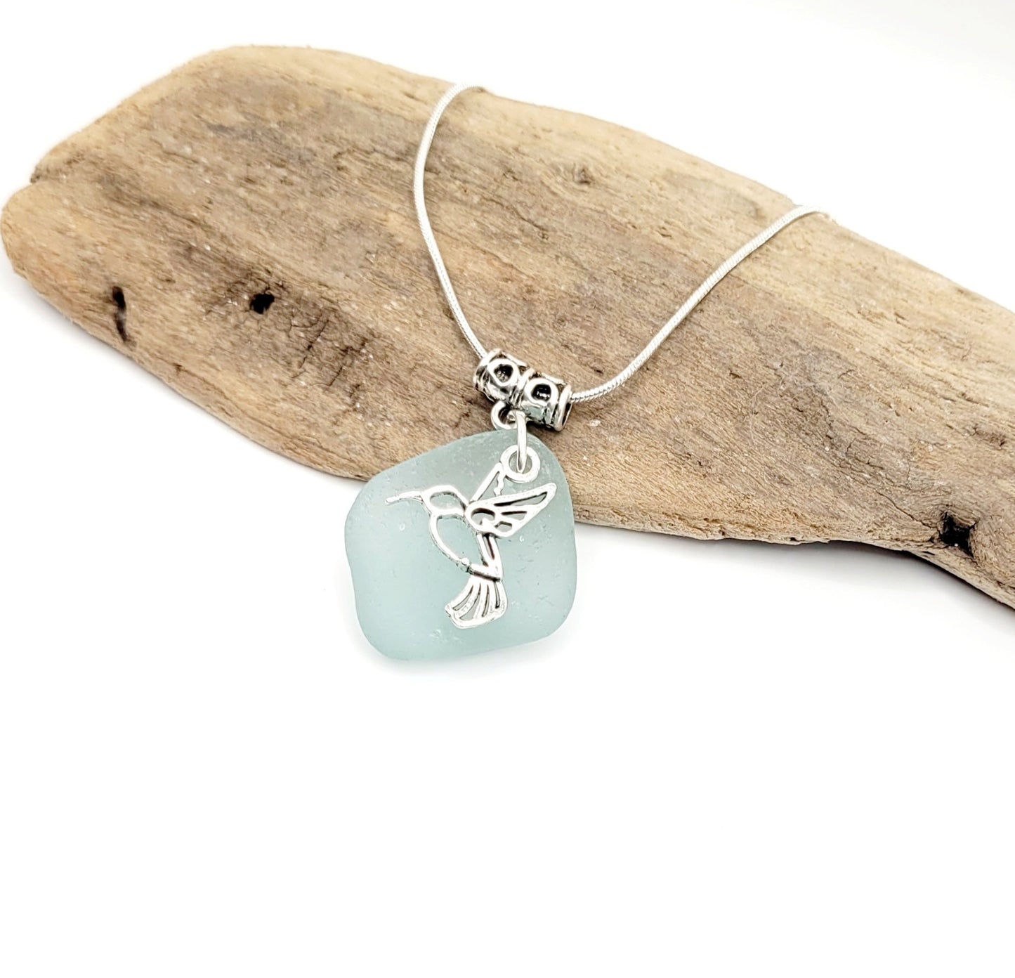 Genuine Sea Glass/Sea Glass Necklace/Hummingbird Charm/Sea Glass Pendant/ Sea Glass/Coastal Jewelry/Nautical Pendant/Sea Glass Jewelry/97