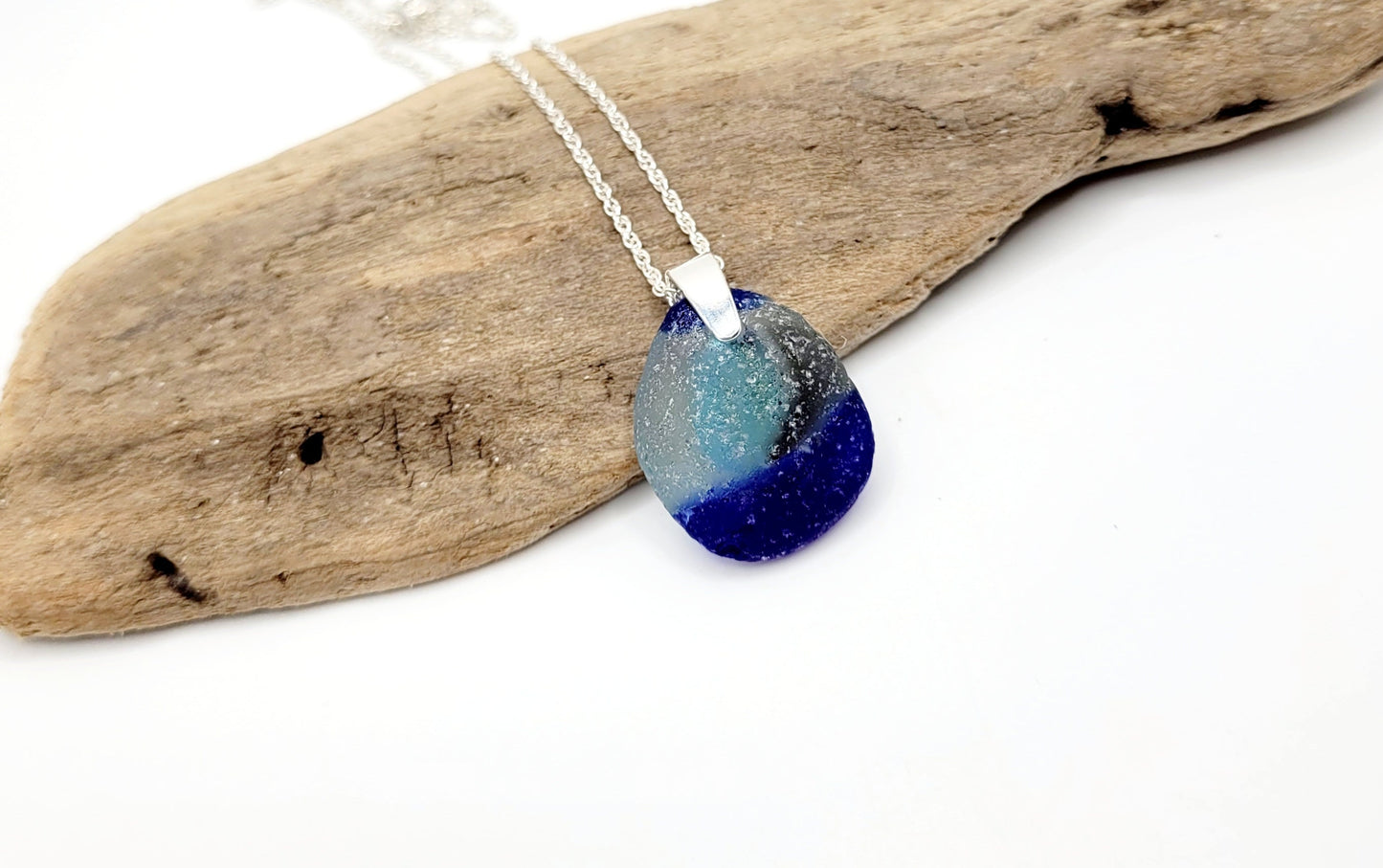 Genuine Art Sea Glass/Sea Glass and Sterling Silver Necklace/Art Glass/ Blue Sea Glass Pendant/Genuine Sea Glass Jewelry/211