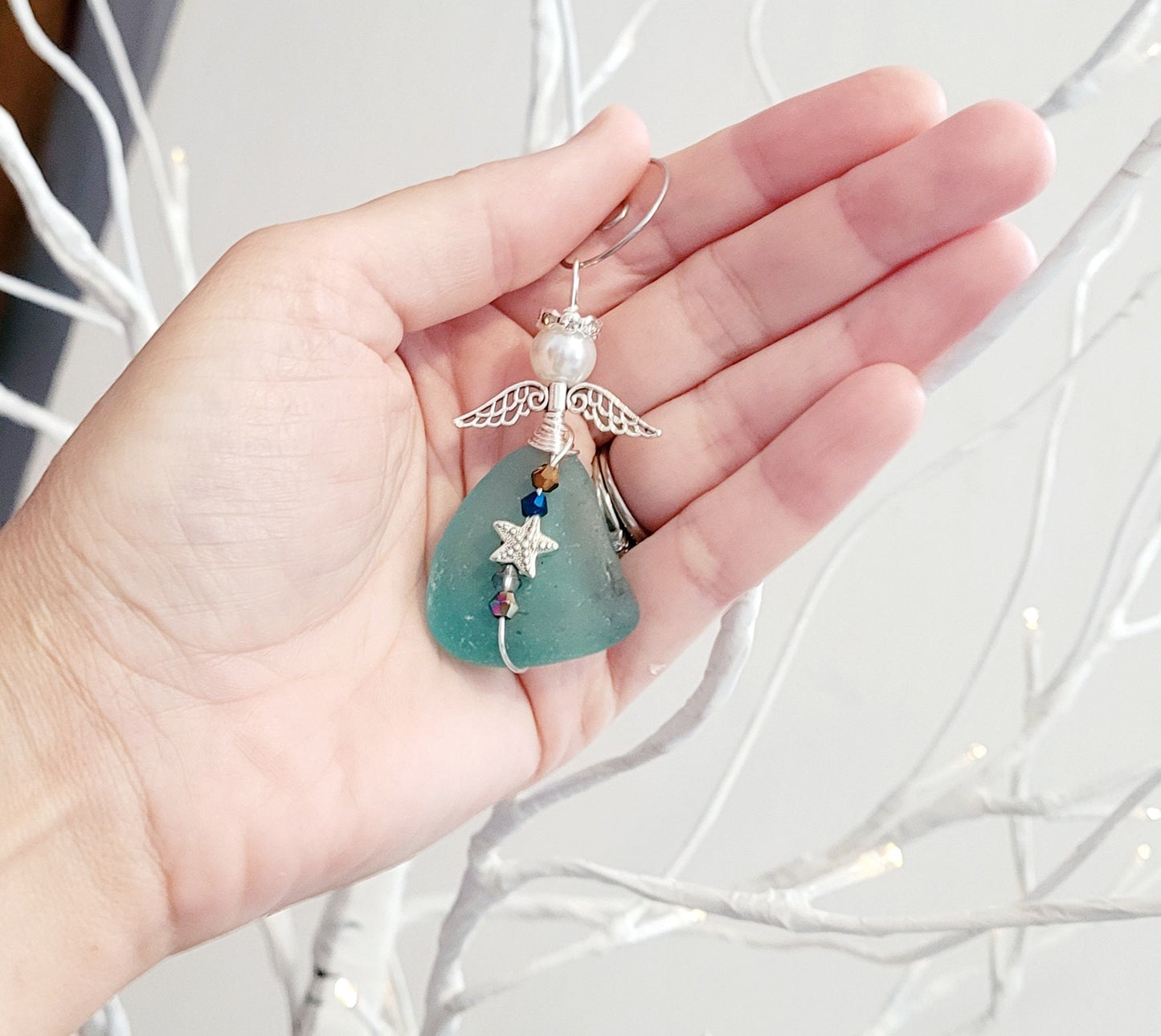 Genuine Sea Glass Angel Sun Catcher/Angel Car Charm/Angel Pendant/Angel Ornament/Get Well Gift/Religious Gift/Gift for Her/Birthday Gift/168