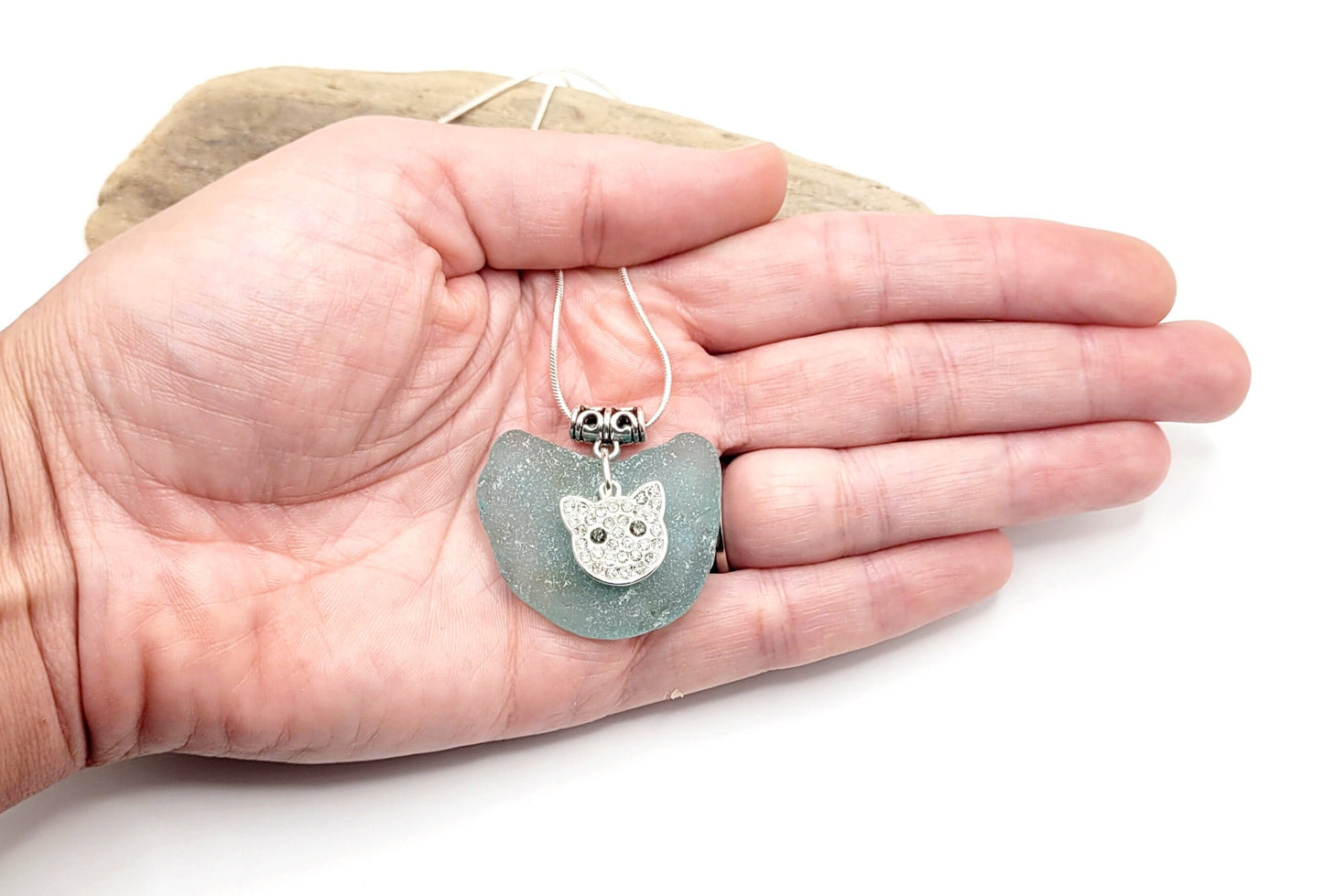 Genuine Sea Glass/Sea Glass Necklace/cat Charm/Sea Glass Pendant/Light Blue Glass/Coastal Jewelry/Nautical Pendant/Sea Glass Jewelry/101