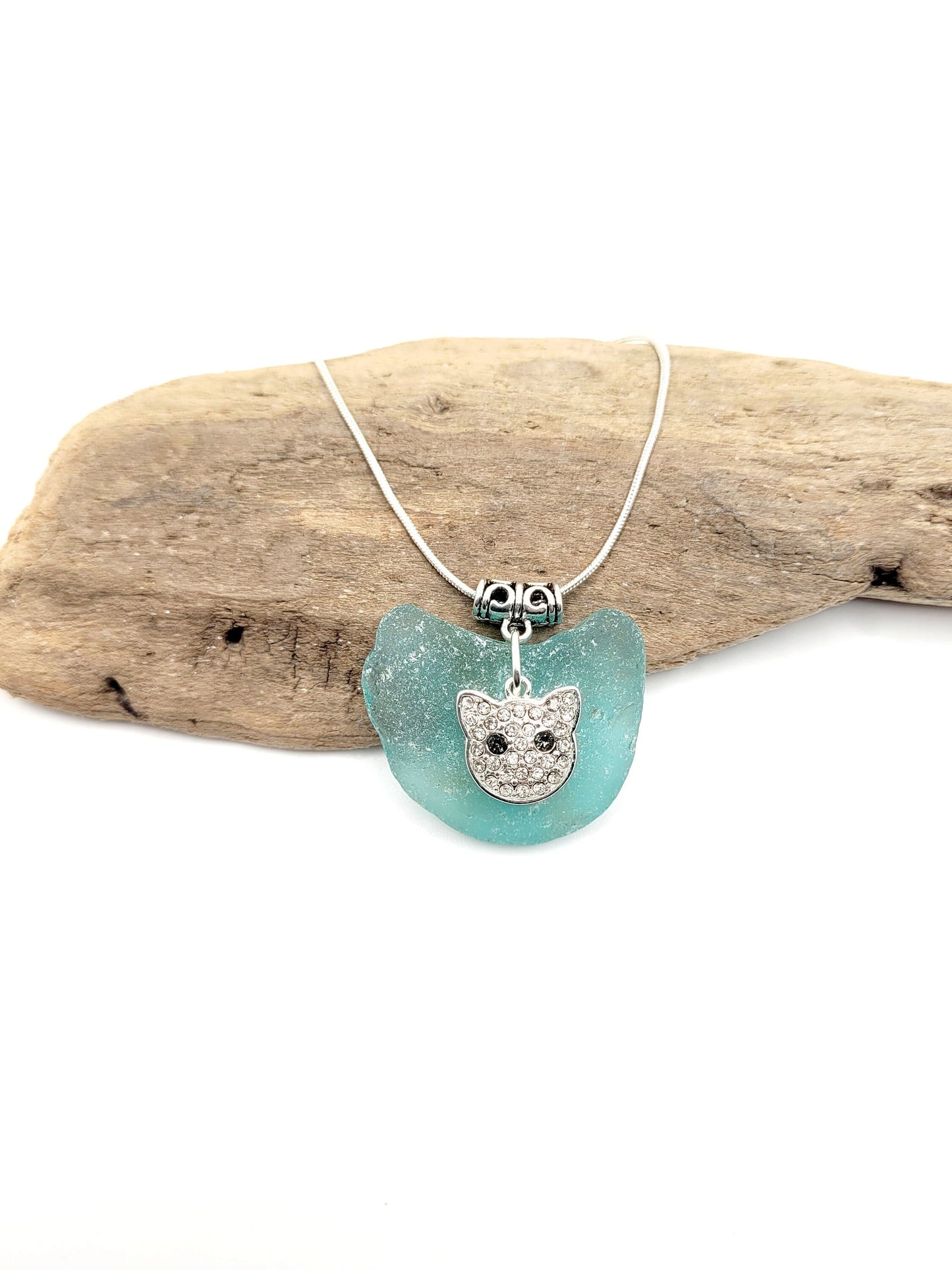 Genuine Sea Glass/Sea Glass Necklace/cat Charm/Sea Glass Pendant/Light Blue Glass/Coastal Jewelry/Nautical Pendant/Sea Glass Jewelry/101