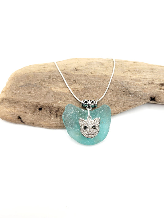 Genuine Sea Glass/Sea Glass Necklace/cat Charm/Sea Glass Pendant/Light Blue Glass/Coastal Jewelry/Nautical Pendant/Sea Glass Jewelry/101