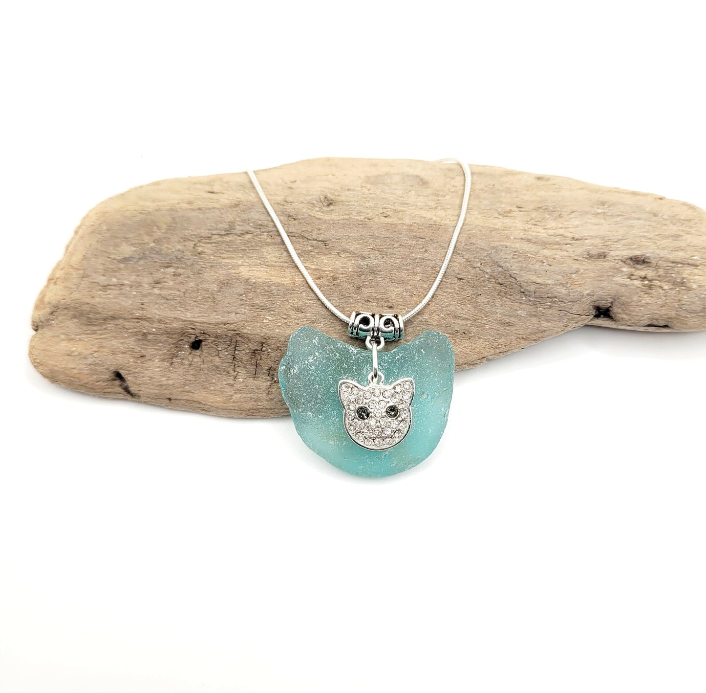 Genuine Sea Glass/Sea Glass Necklace/cat Charm/Sea Glass Pendant/Light Blue Glass/Coastal Jewelry/Nautical Pendant/Sea Glass Jewelry/101