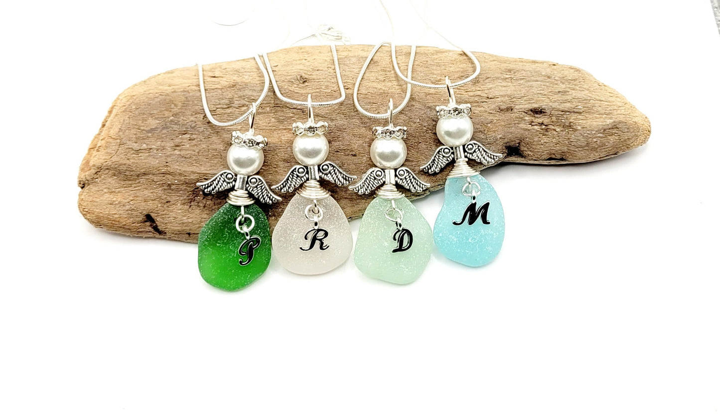 Genuine Sea Glass Angel Necklace with letter/personalized Angel/Angel Car Charm/Angel Pendant/Guardian Angel/Angel Gift/Gift for Friend