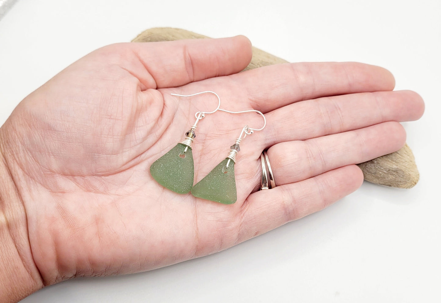 Genuine Sea Glass/Green Sea Glass Earrings Crystals/Sea Glass and Sterling Silver Earrings/Gift for Her