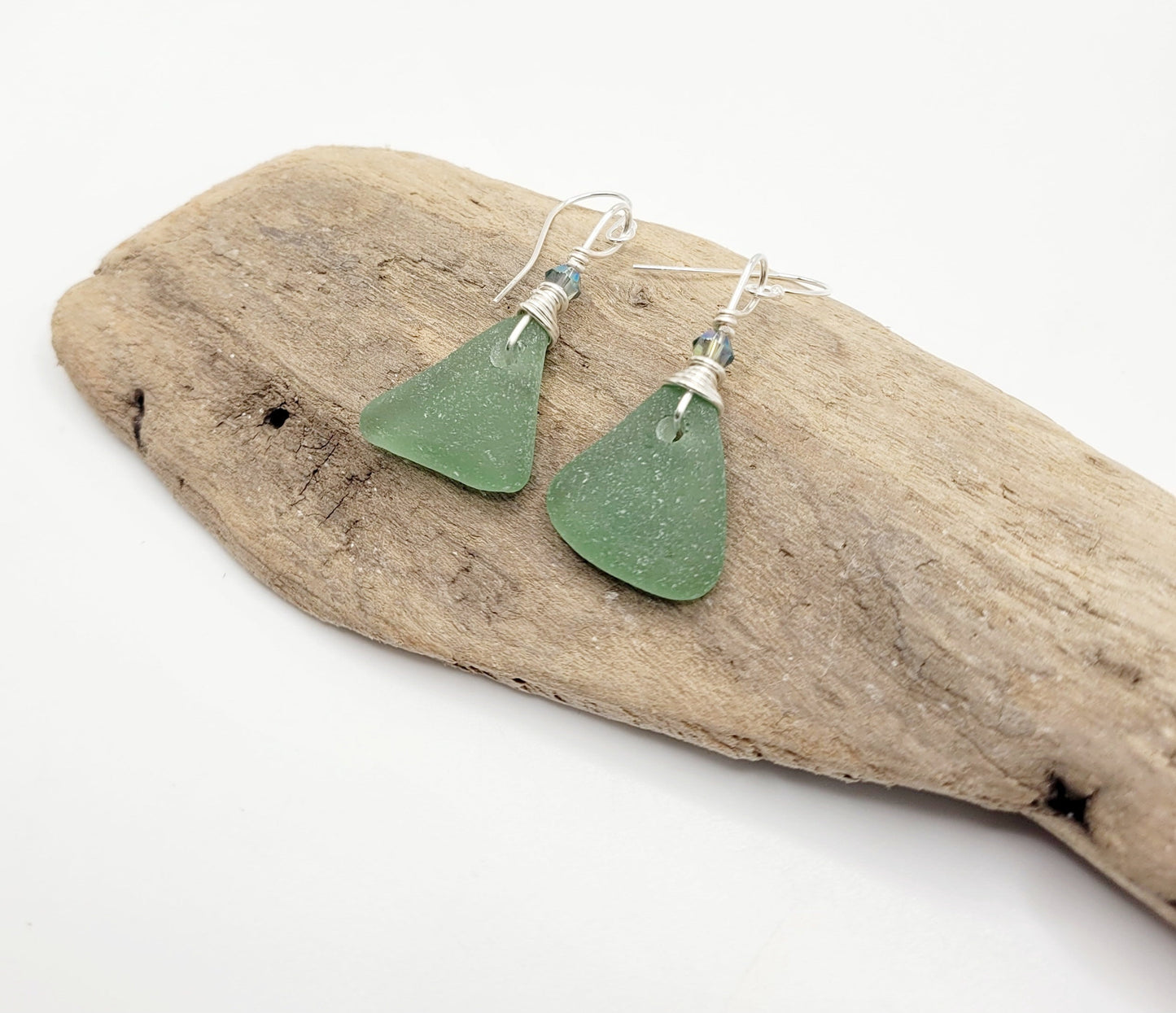 Genuine Sea Glass/Green Sea Glass Earrings Crystals/Sea Glass and Sterling Silver Earrings/Gift for Her