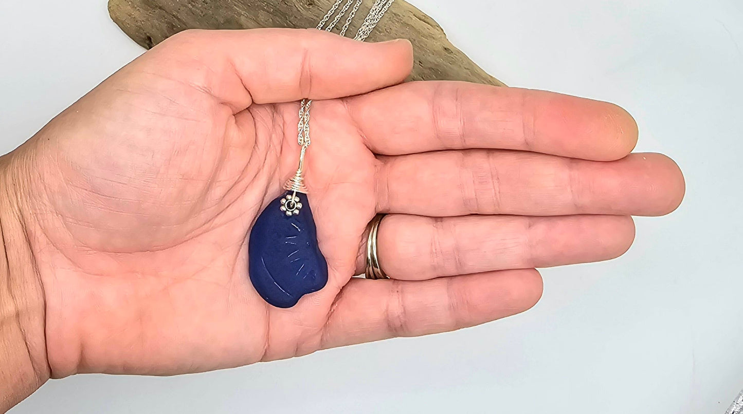 Rare Cobalt Blue Genuine Sea Glass/Sea Glass and Sterling Silver Necklace/Glass Sea Glass Pendant/Genuine Sea Glass Jewelry/226