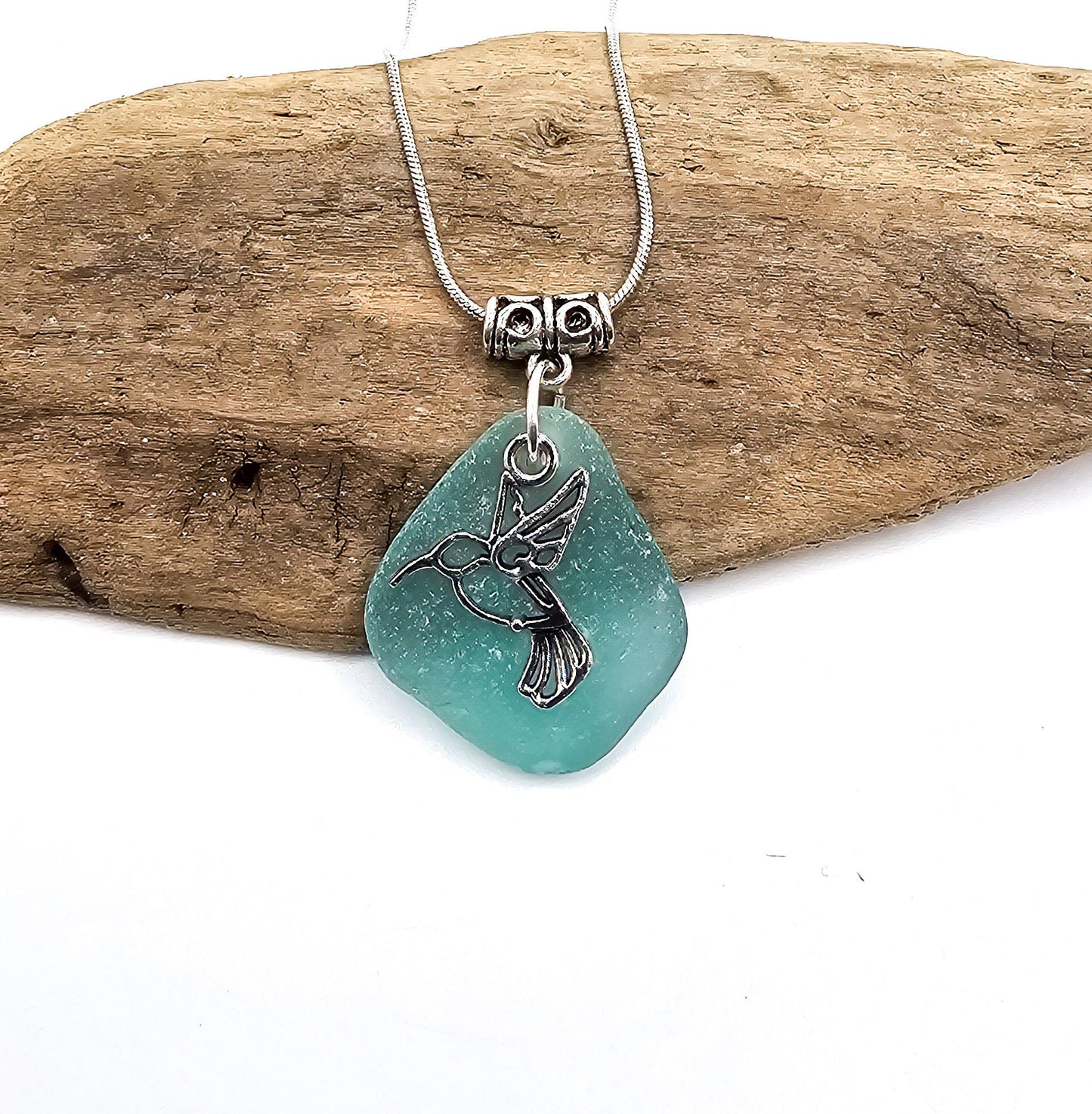 Genuine Sea Glass/Sea Glass Necklace/Hummingbird Charm/Sea Glass Pendant/Teal Sea Glass/Coastal Jewelry/Nautical Pendant