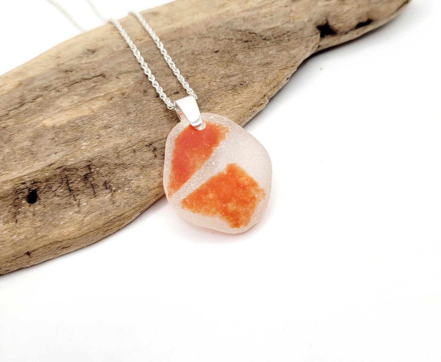 Genuine Sea Glass/Sea Glass and Sterling Silver Necklace/Art Glass/ Orange Flash Glass Pendant/Genuine Sea Glass Jewelry/192