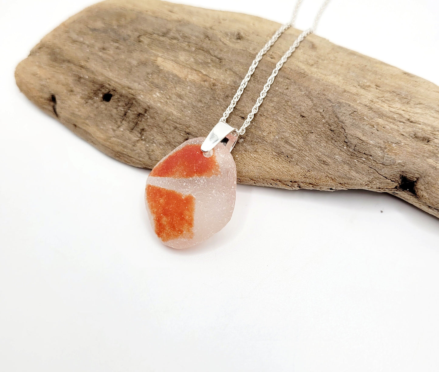 Genuine Sea Glass/Sea Glass and Sterling Silver Necklace/Art Glass/ Orange Flash Glass Pendant/Genuine Sea Glass Jewelry/192