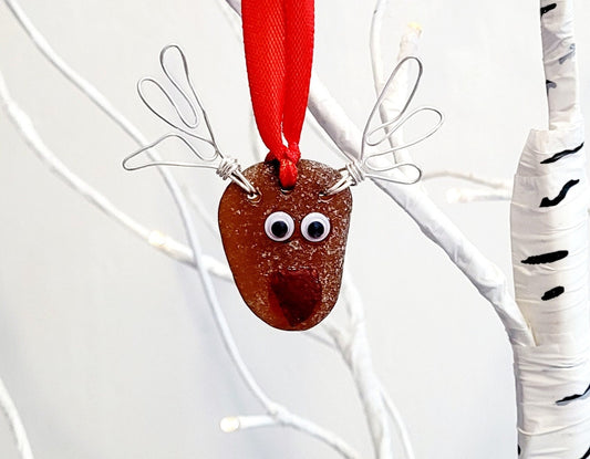 Genuine Sea Glass Rudolph Ornament/Reindeer Ornament/Christmas Decor/Unique Gift