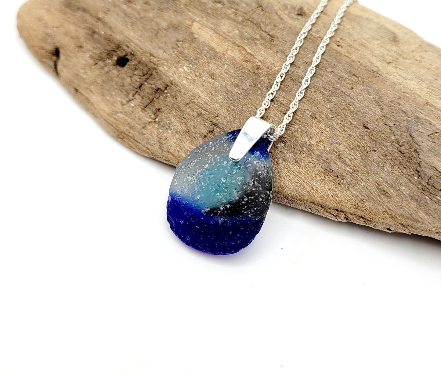 Genuine Art Sea Glass/Sea Glass and Sterling Silver Necklace/Art Glass/ Blue Sea Glass Pendant/Genuine Sea Glass Jewelry/211