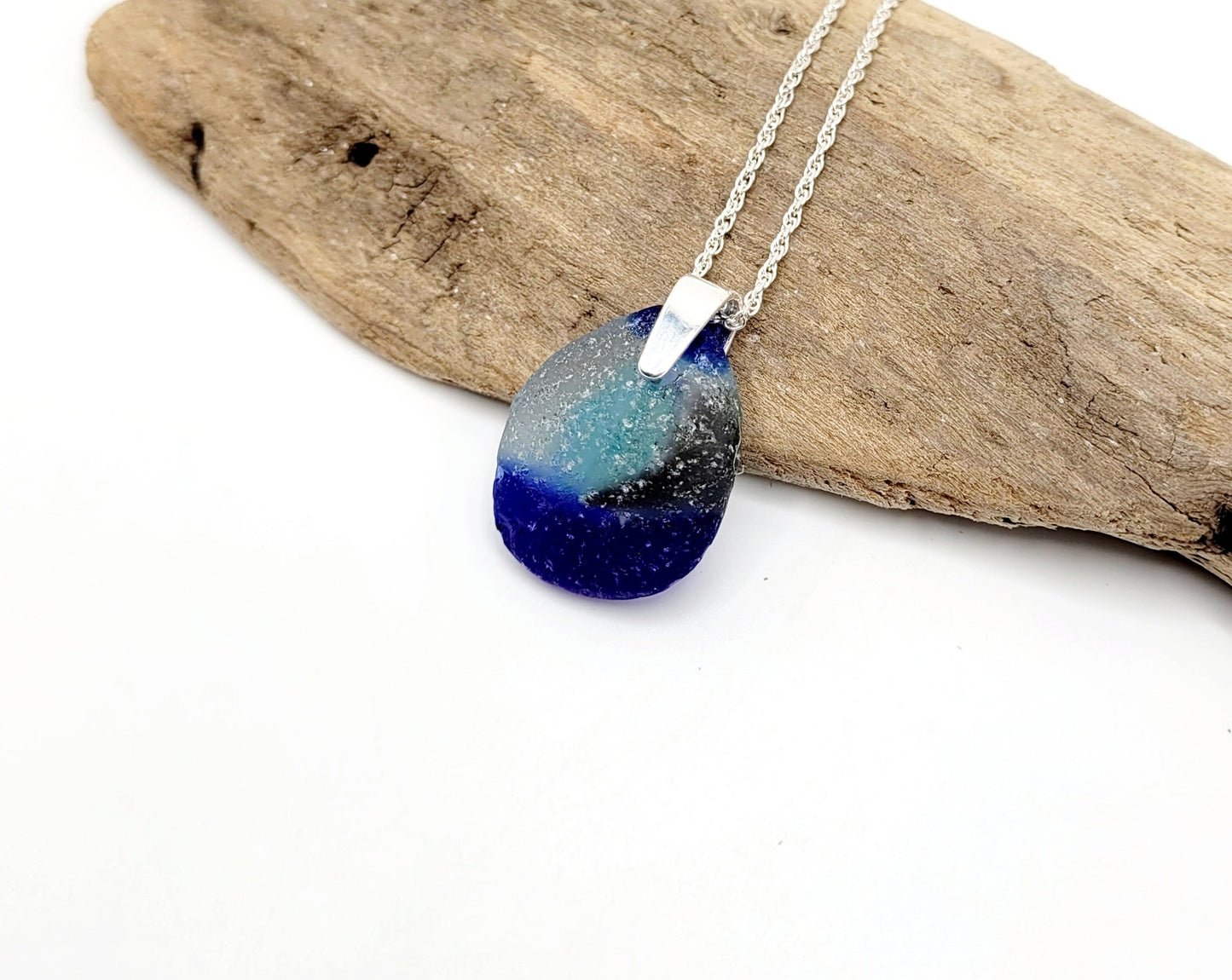 Genuine Art Sea Glass/Sea Glass and Sterling Silver Necklace/Art Glass/ Blue Sea Glass Pendant/Genuine Sea Glass Jewelry/211