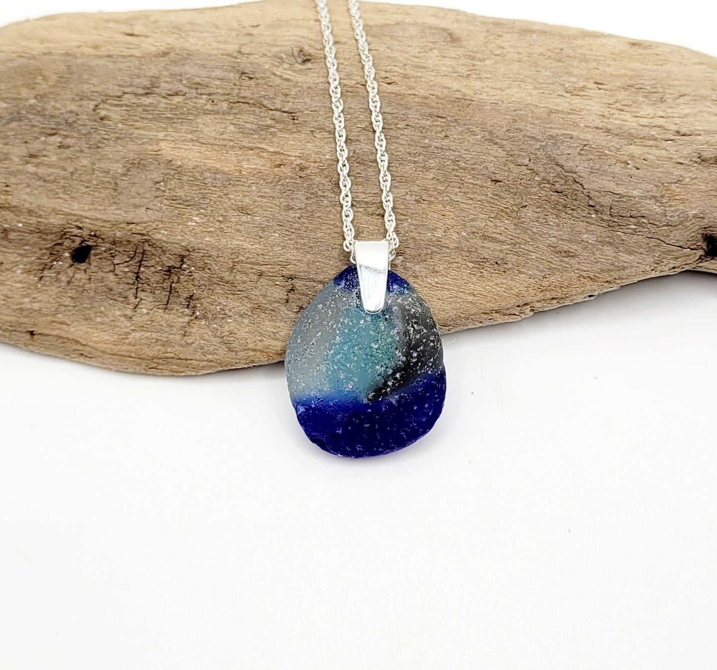 Genuine Art Sea Glass/Sea Glass and Sterling Silver Necklace/Art Glass/ Blue Sea Glass Pendant/Genuine Sea Glass Jewelry/211