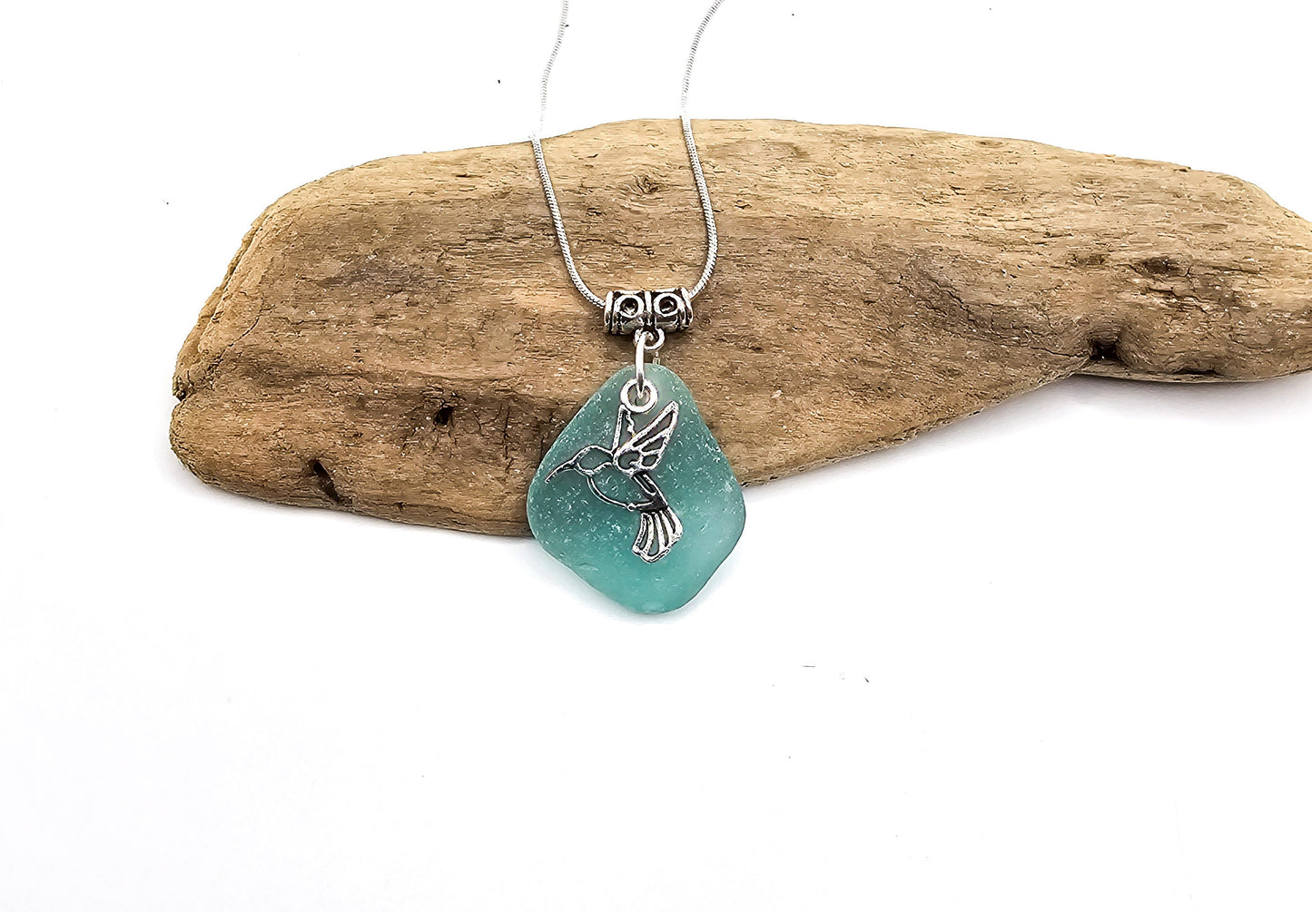 Genuine Sea Glass/Sea Glass Necklace/Hummingbird Charm/Sea Glass Pendant/Teal Sea Glass/Coastal Jewelry/Nautical Pendant