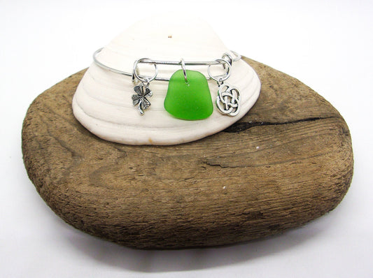 Sea Glass Bracelet/St. Patrick's Day/Genuine Sea Glass/Shamrock Bracelet/Celtic Knot/Bangle Bracelet/Charm Bracelet