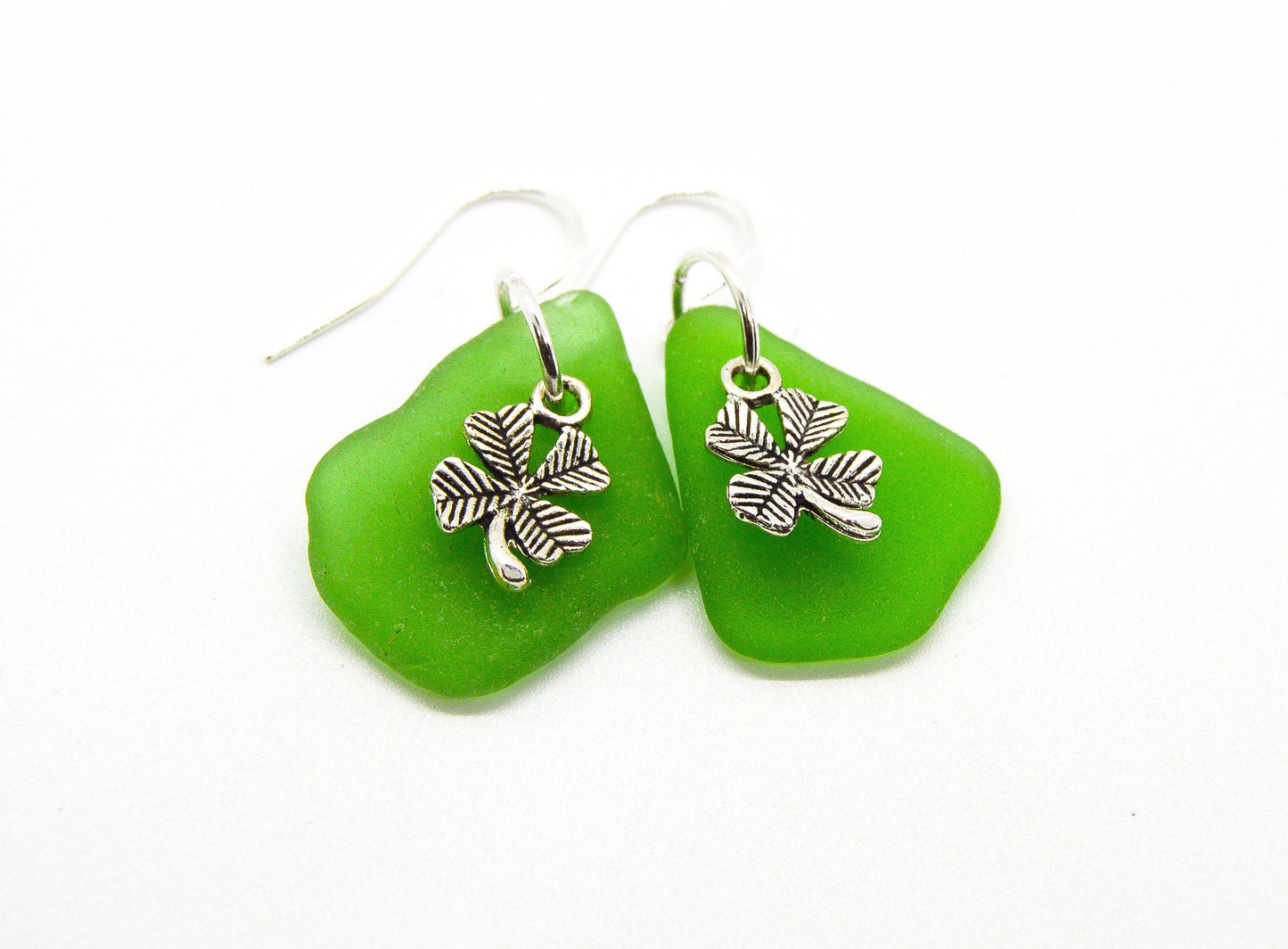 Genuine Sea Glass/Green Sea Glass Earrings/Sea Glass and Sterling Silver Earrings/Shamrock Earrings/Gift for Her/Nautical Earrings