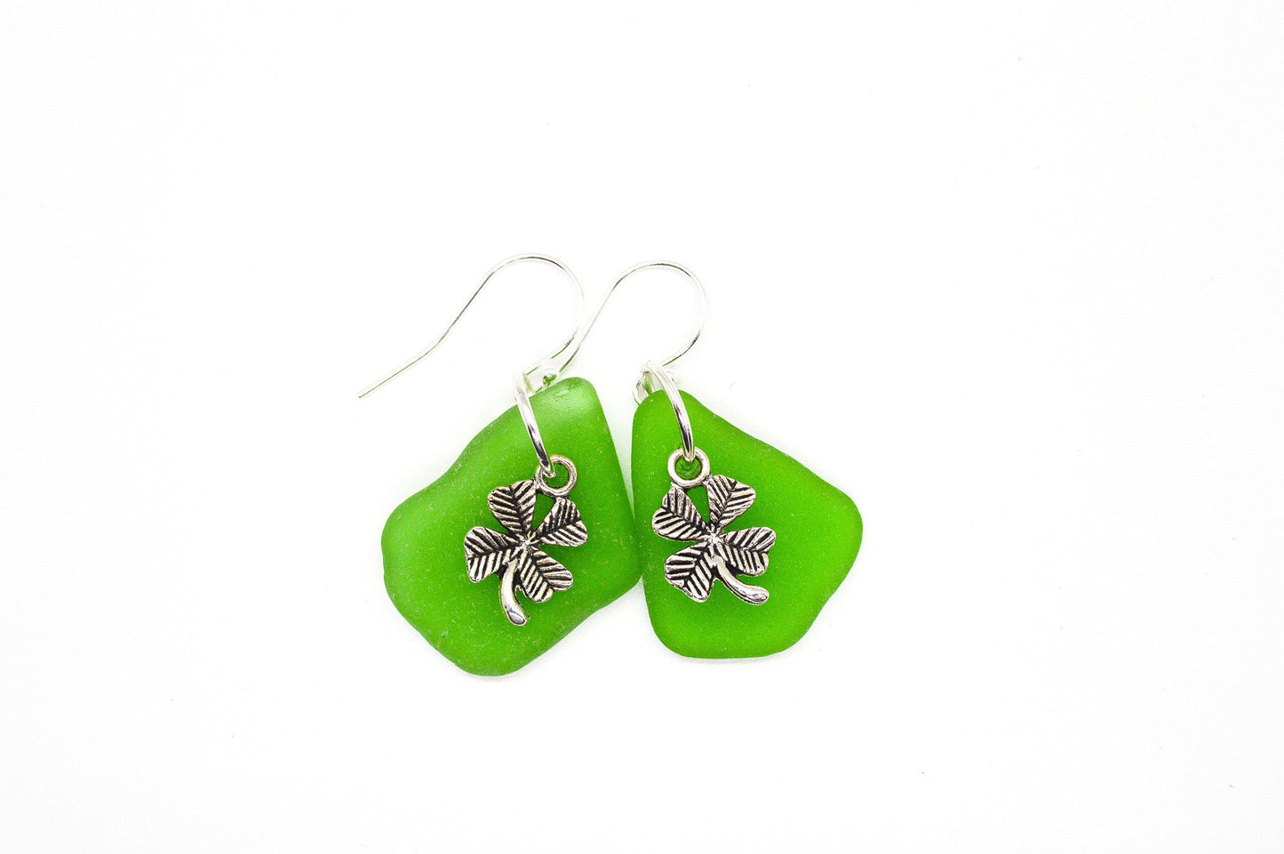 Genuine Sea Glass/Green Sea Glass Earrings/Sea Glass and Sterling Silver Earrings/Shamrock Earrings/Gift for Her/Nautical Earrings