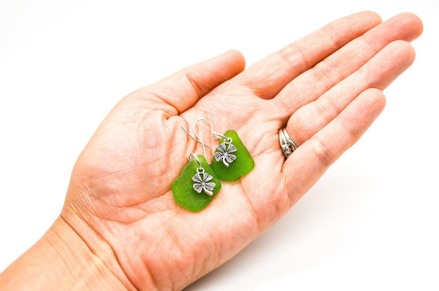 Genuine Sea Glass/Green Sea Glass Earrings/Sea Glass and Sterling Silver Earrings/Shamrock Earrings/Gift for Her/Nautical Earrings